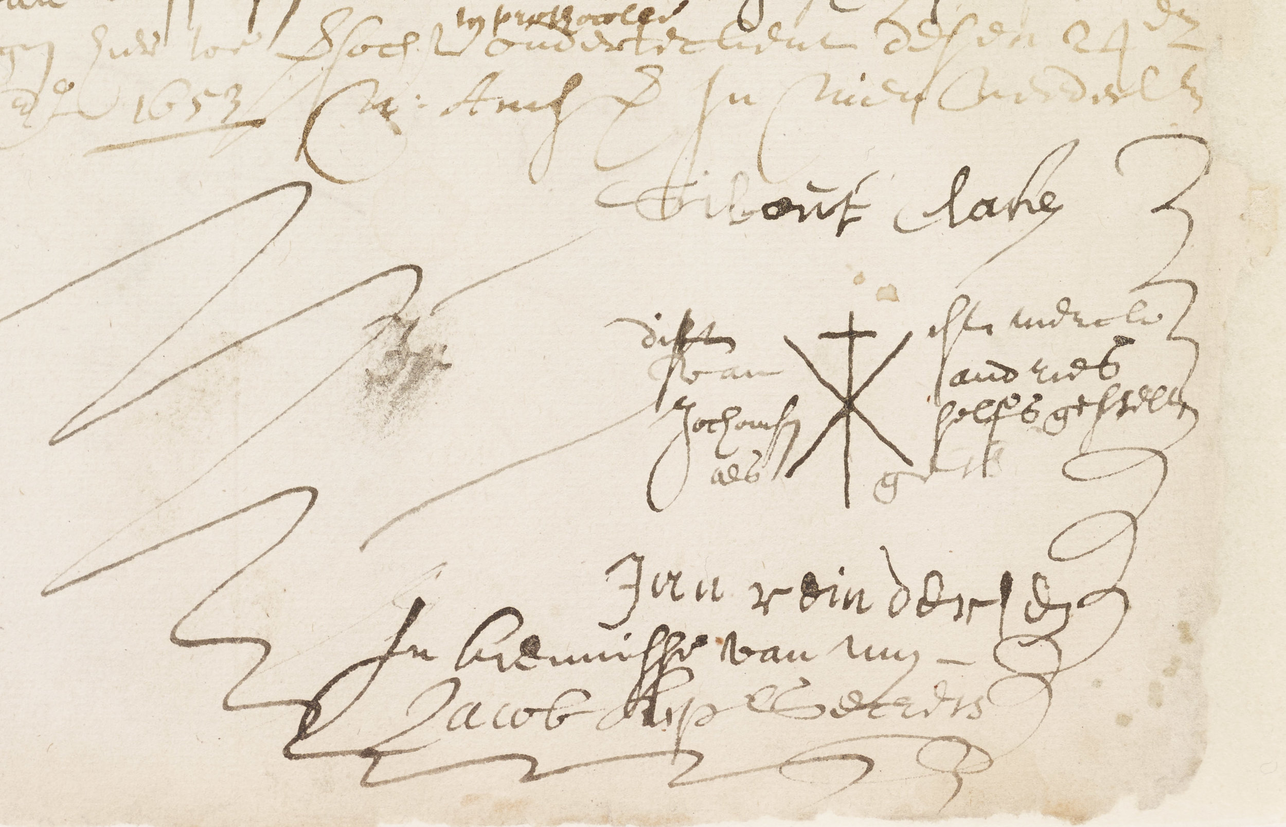 This early entry in the first Burgemeesters and Shepenen volume shows a mark combining the cross with an X, both religious symbols. NYC Municipal Archives.