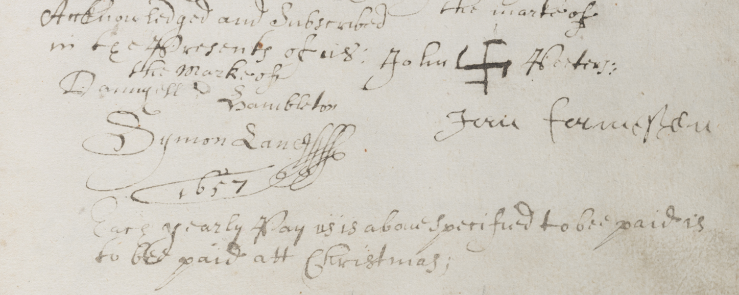 The mark John Hectors, 1657, from the Gravesend deeds volume. The swastika was commonly used for signing documents. NYC Municipal Archives.