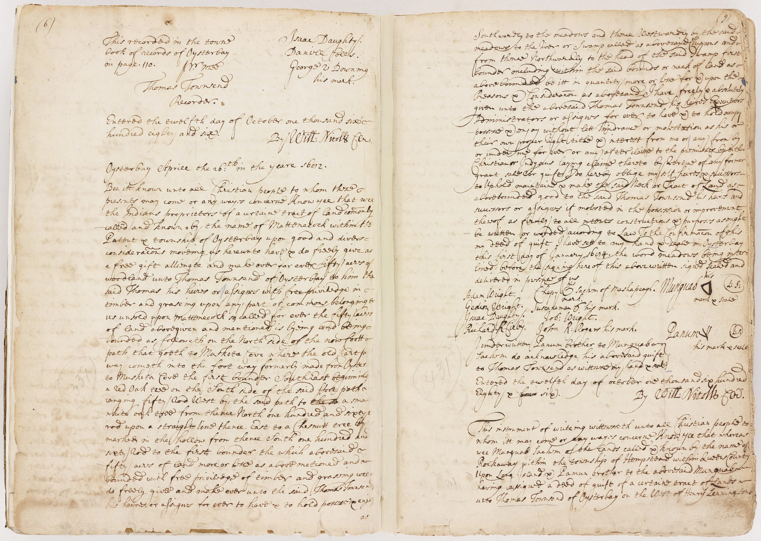 A 1682 deed from Oyster Bay, Queens. Munguab and Panum, two native brothers, give a tract of land to Thomas Townsend. Deeds like this one raise important historical questions. NYC Municipal Archives.