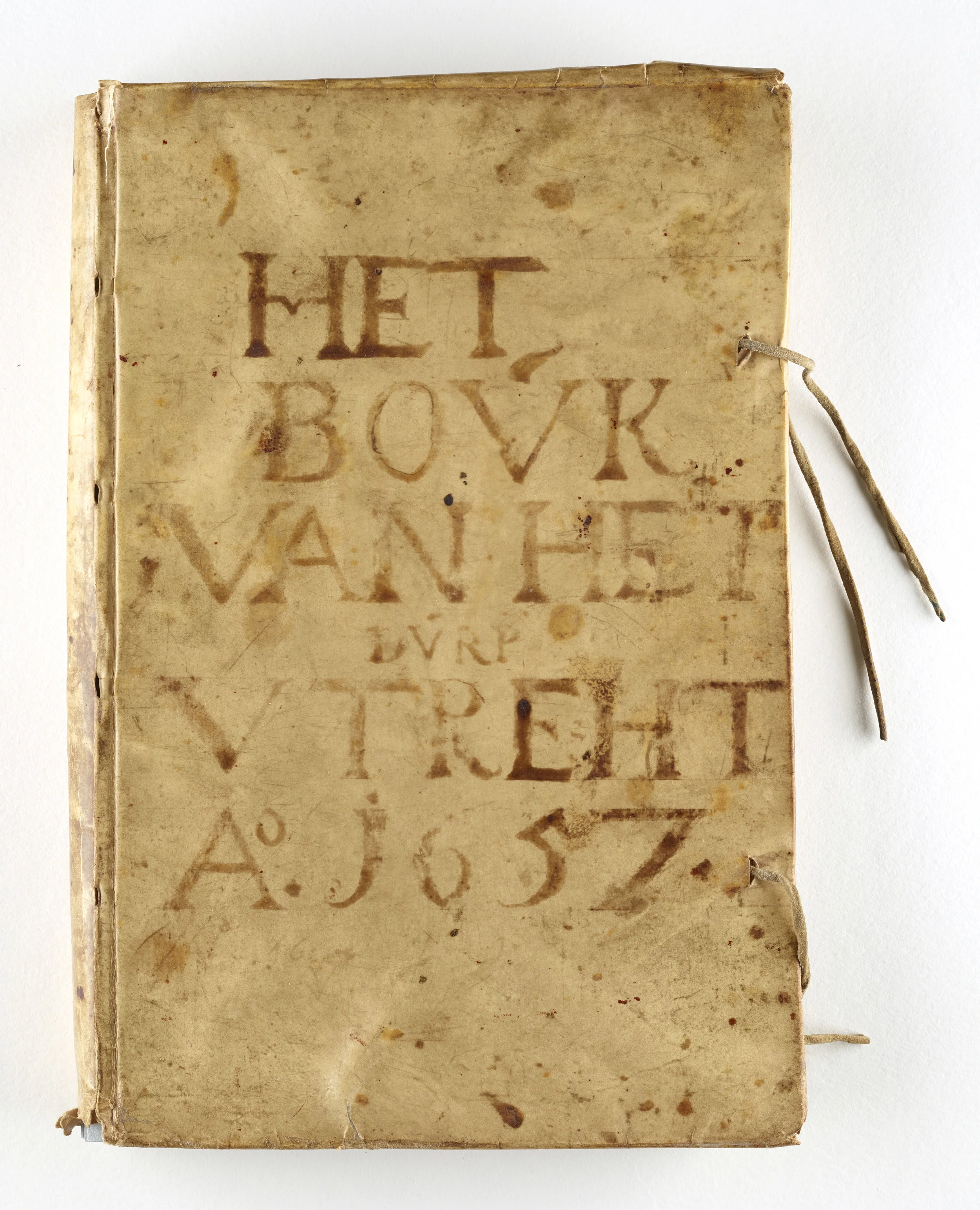 “The Book of the Village Utrecht,” original vellum cover of the volume now known as New Utrecht Liber A, a colonial volume from Brooklyn. NYC Municipal Archives.
