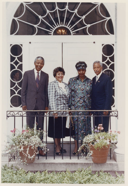 Nelson Mandela, Joyce Dinkins, Winnie Madikizela-Mandela, and Mayor Dinkins at Gracie Mansion, June 23, 1990. Mayor David N. Dinkins Photograph Collection, NYC Municipal Archives.