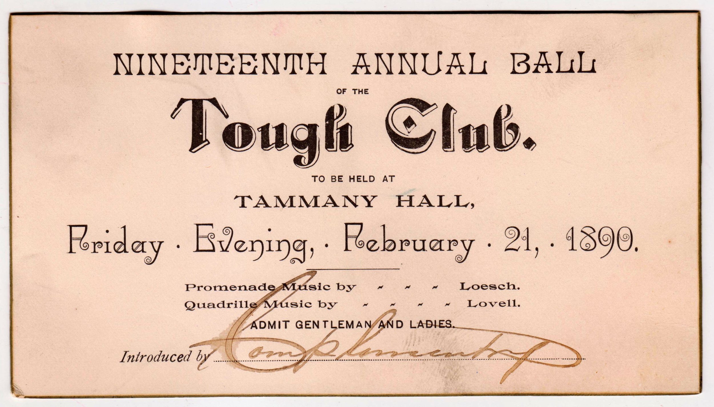 Invitation to the annual ball of the Tough Club, 1890. Mayor Hugh J. Grant subject files, NYC Municipal Archives.