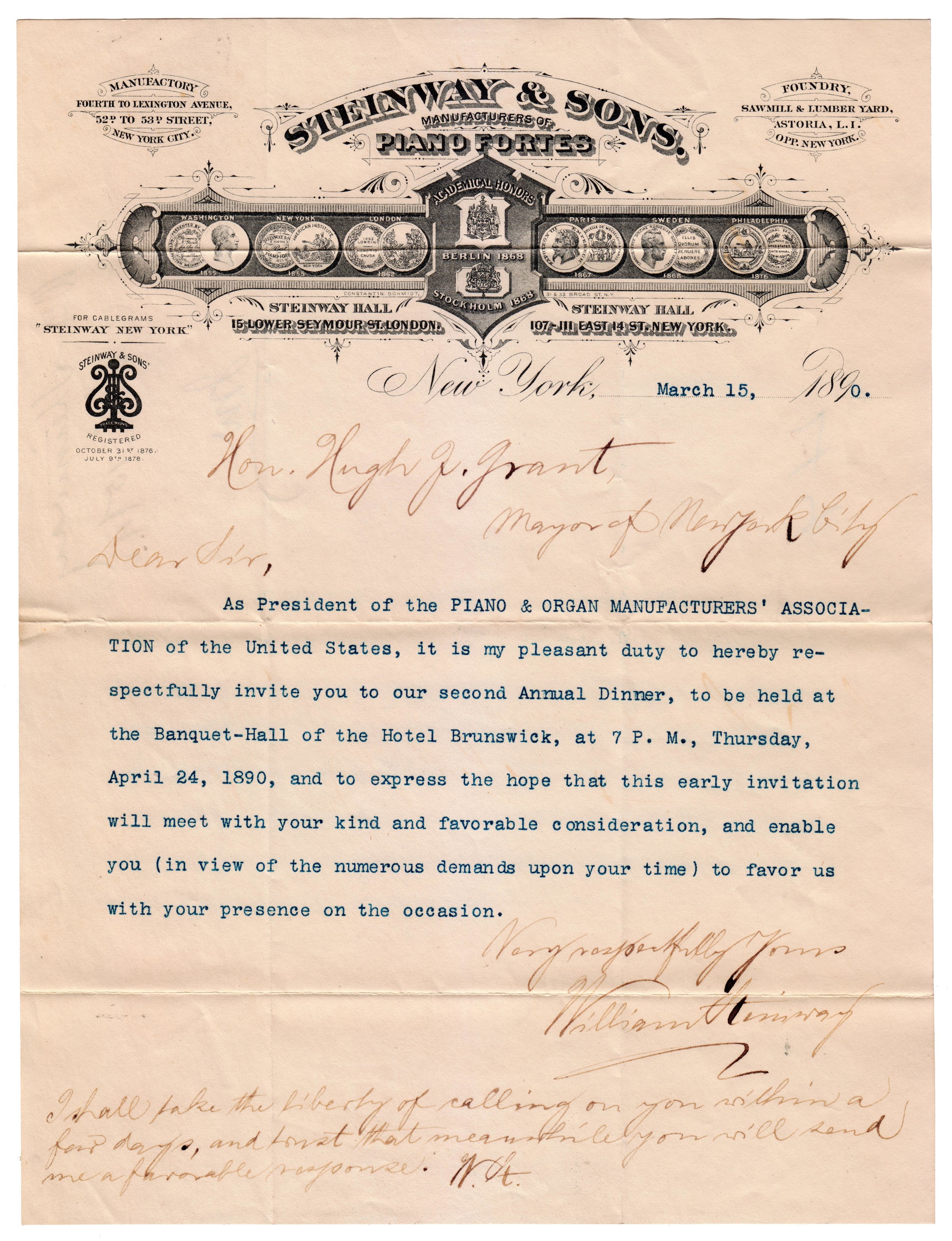 Letter from William Steinway to Mayor Grant, 1890. Mayor Hugh J. Grant subject files, NYC Municipal Archives.