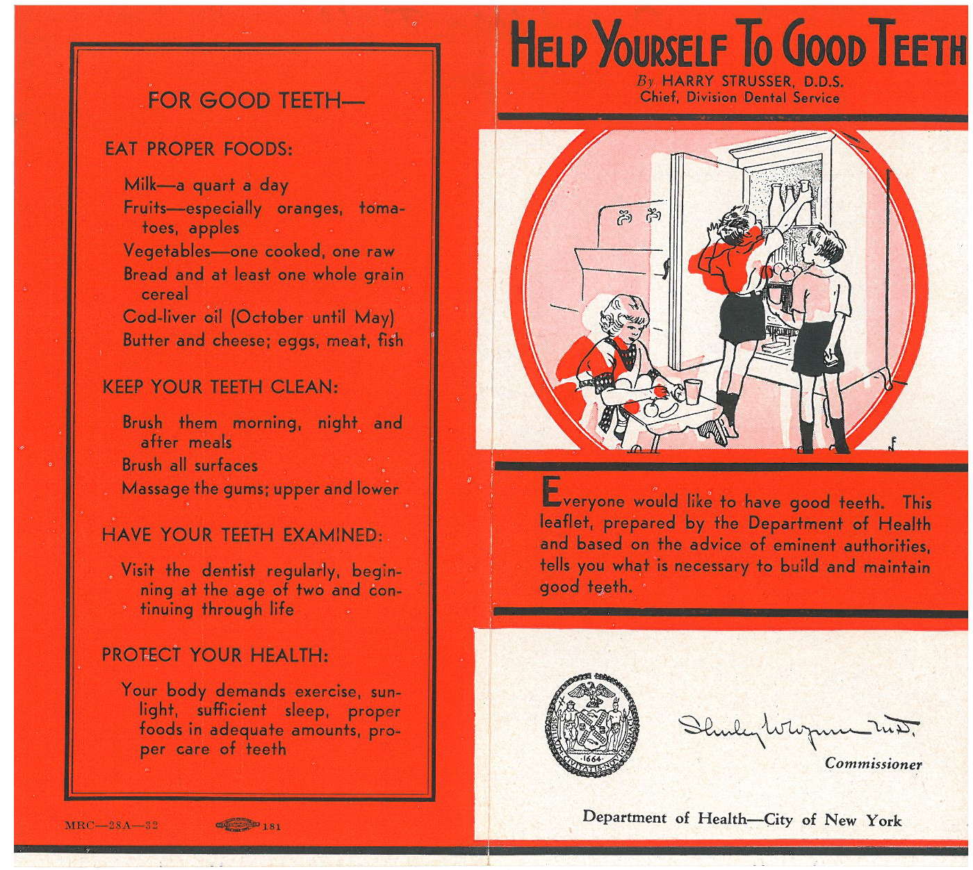 This 1932 Department of Health pamphlet emphasizes the connection between dental health and overall well-being and includes diet and brushing recommendations for parents.