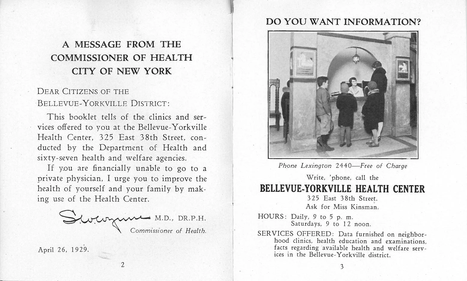 This 1929 pamphlet for a privately- funded, city-operated clinic advertises a variety of free services from prenatal care to nutrition and dental exams.