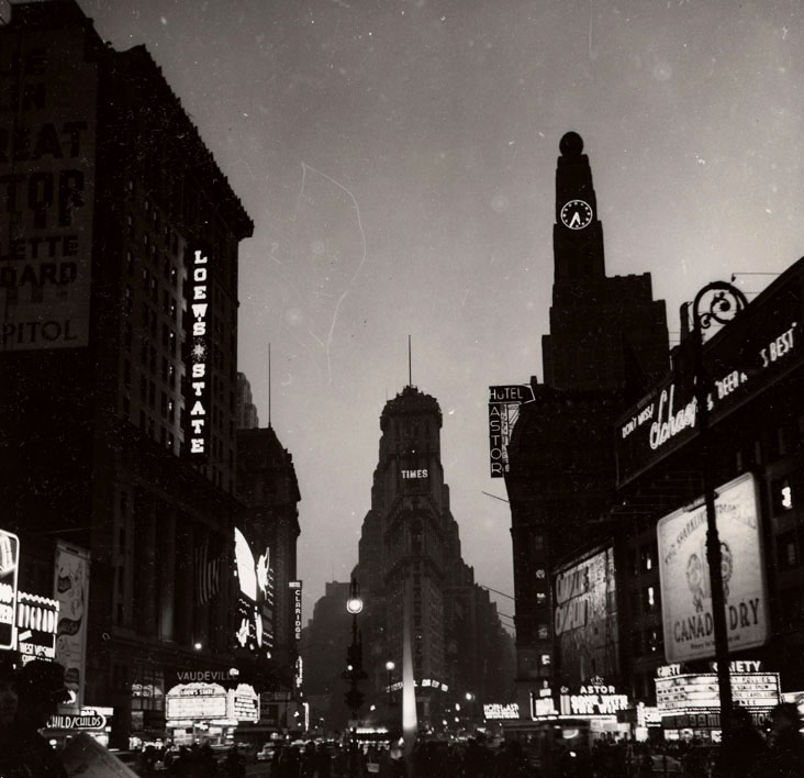 Times Building and Hotel Astor at night, ca. 1937. WPA Federal Writers' Project, NYC Municipal Archives.