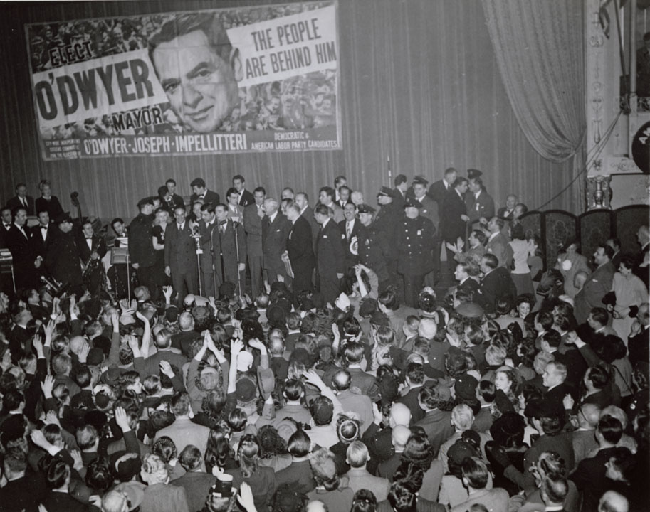 Election night - O'Dwyer makes first public address as mayor-elect of NYC, November 6, 1945. Acme Photo, Mayor O’Dwyer Papers, NYC Municipal Archives.