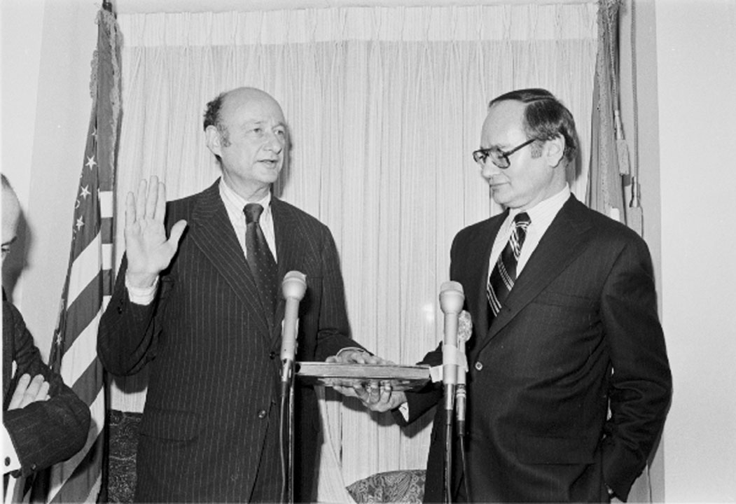 Edward Koch being sworn in as Mayor in a private ceremony, January 1, 1978. Mayor Koch Papers, NYC Municipal Archives.