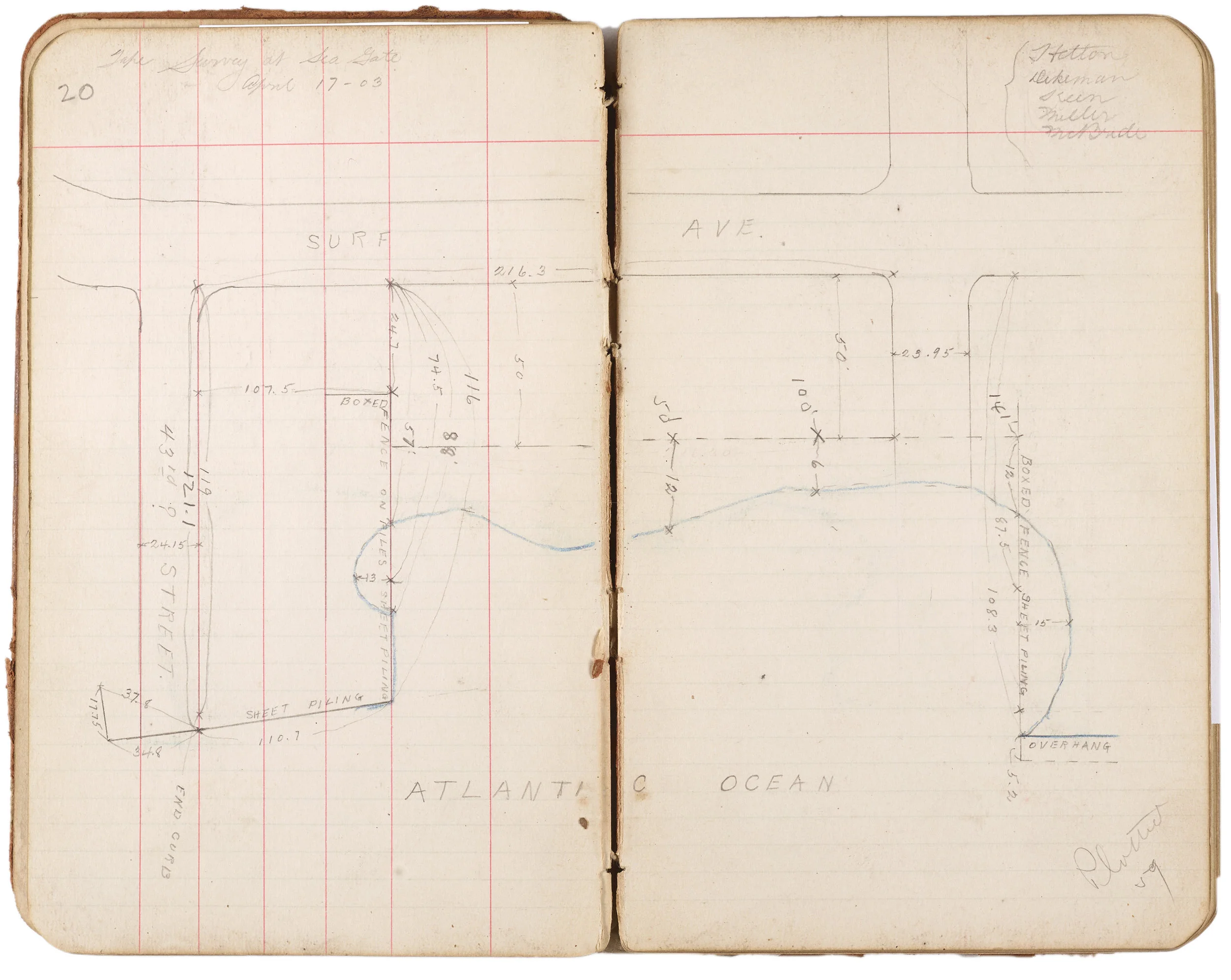 This small map was drawn on April 17, 1903 and is contained in the first notebook pictured above. The names of the survey team are visible in the top right corner. It depicts a section of Seagate right along Surf Avenue. Department of Ports and Trade Collection, NYC Municipal Archives.