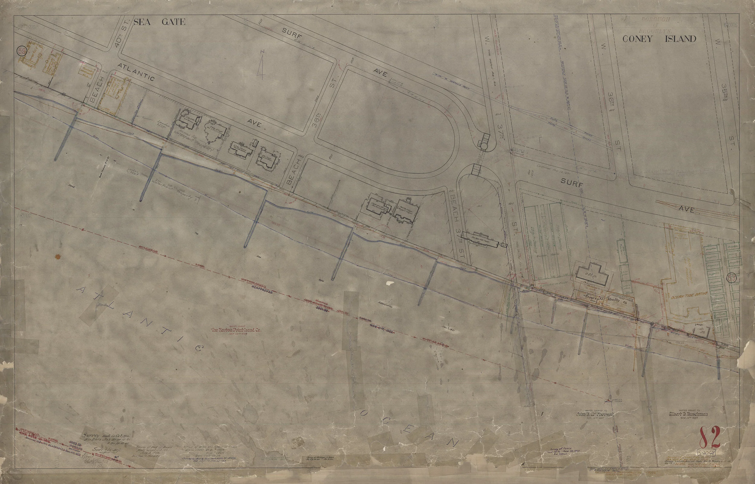 Waterfront Survey Map #2068, Brooklyn Red Survey Map 82, Coney Island/Seagate, Oct. 1900, updated through the 1960s. Department of Ports and Trade Collection, NYC Municipal Archives