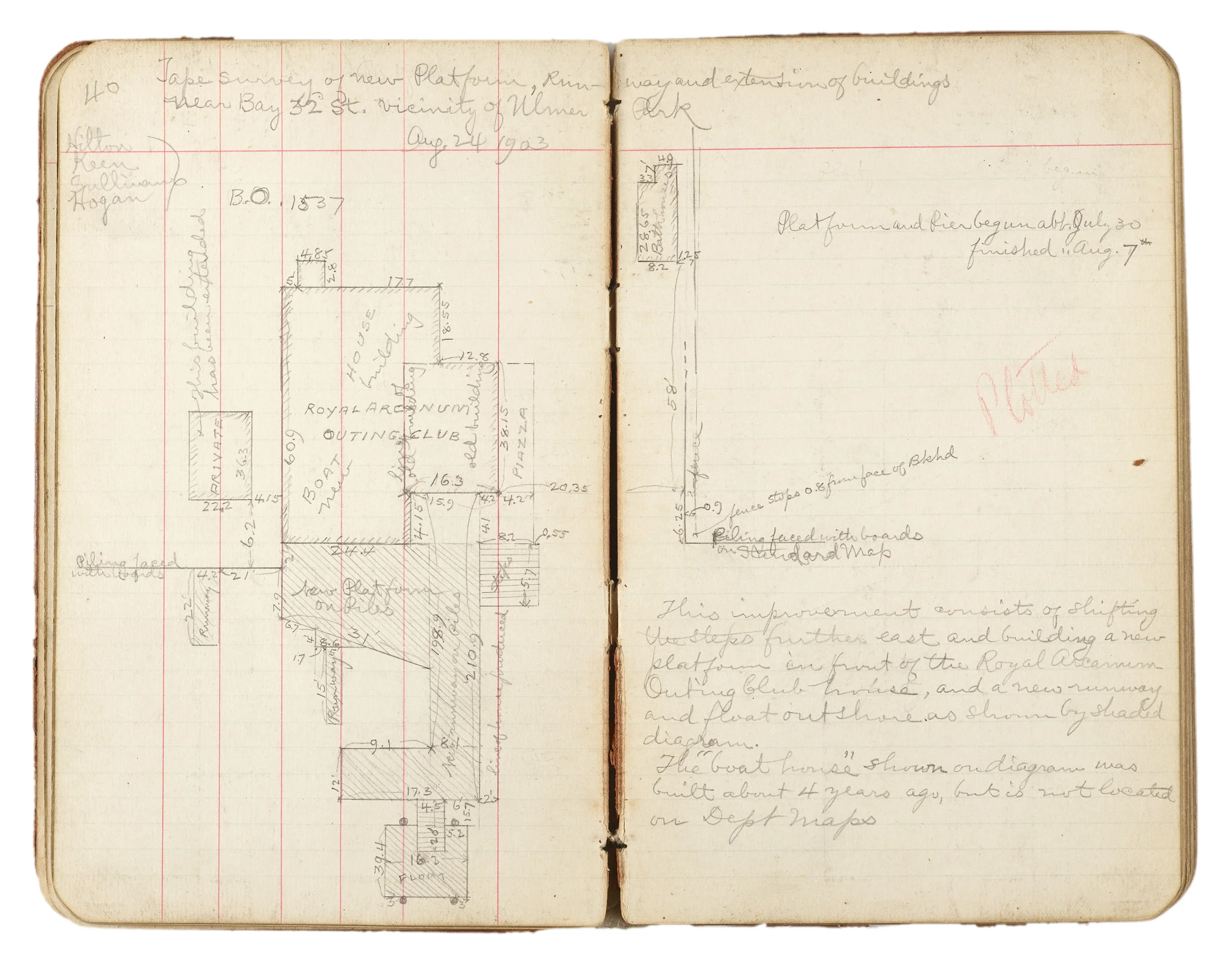 Surveyor book 1903. The notes mention this survey was done for an improvement to shift the steps further east and building a new platform in front of the Royal Arcanum Outing Club house, “built about 4 years ago, but is not located on Dept maps.”