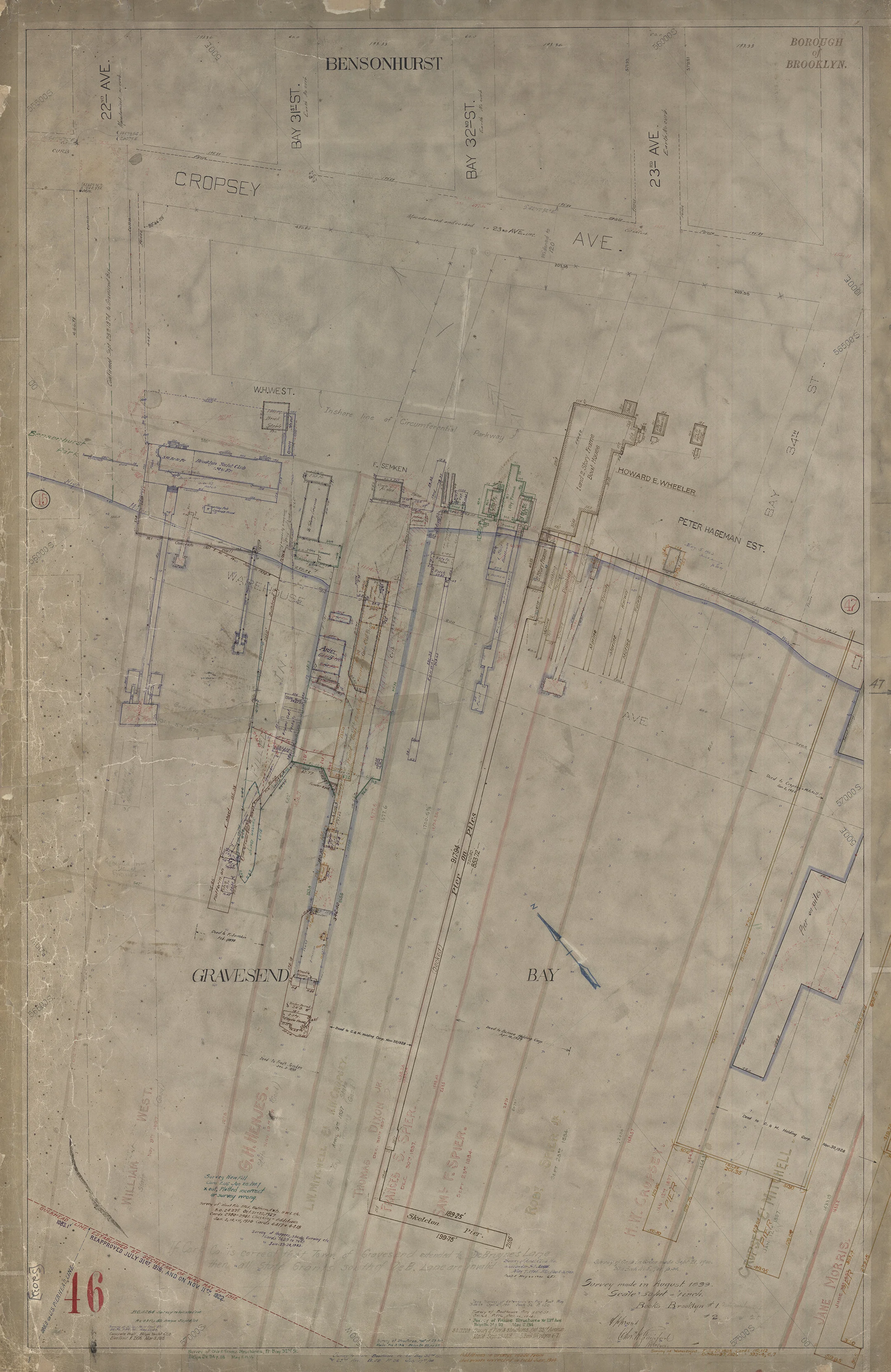 Waterfront Survey Map #2032 - Brooklyn Red Survey Map 46, Bensonhurst/Gravesend Bay, August, 1899, updated through the 1960s.. Department of Ports and Trade Collection, NYC Municipal Archives