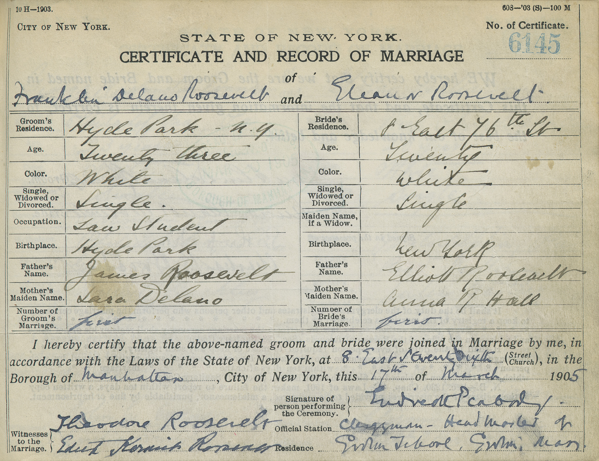 The 1905 marriage certificate of future president and first lady Franklin Delano Roosevelt and Eleanor Roosevelt (they were distant cousins) witnessed by then sitting president and first lady Teddy Roosevelt and Edith Kermit Roosevelt. NYC Municipal Archives.