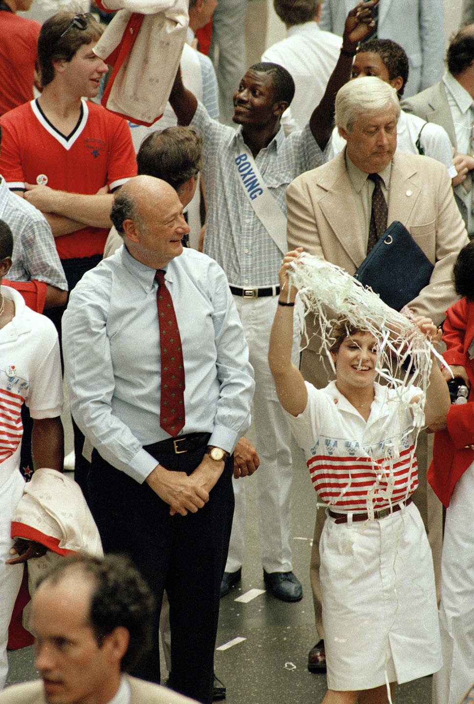Mayor Ed Koch with Olympic athletes, including Mary Lou Retton, right, August 15, 1984. Mayor Edward I. Koch Collection, NYC Municipal Archives.