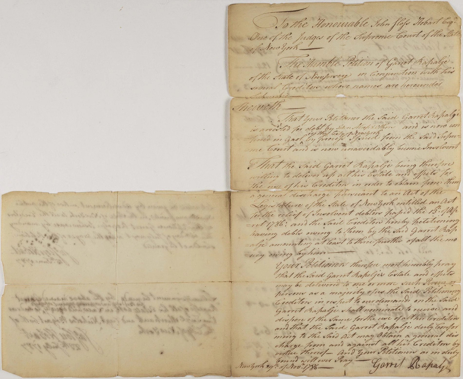 Petition of Garret Rapalje and his creditors to Judge John Sloss Hobart, signed by Garret Rapalje, 1786. NYC Municipal Archives.