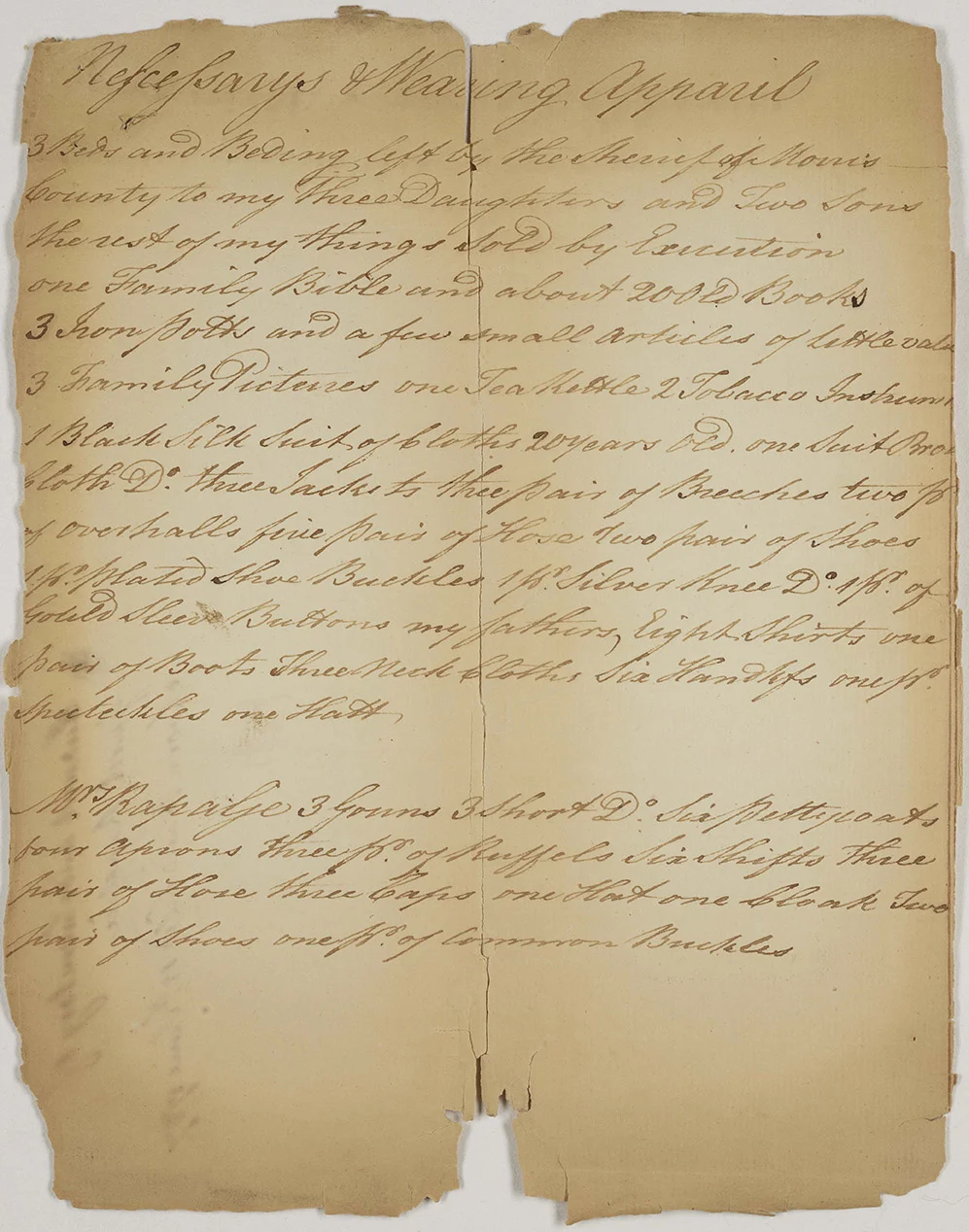 Account and inventory of real estate and personal estate of Garret Rapalje: “Neccessarys and Wearing Apparil” (apparel), 1787. This lists clothes and other personal property of Garret Rapalje and his wife.