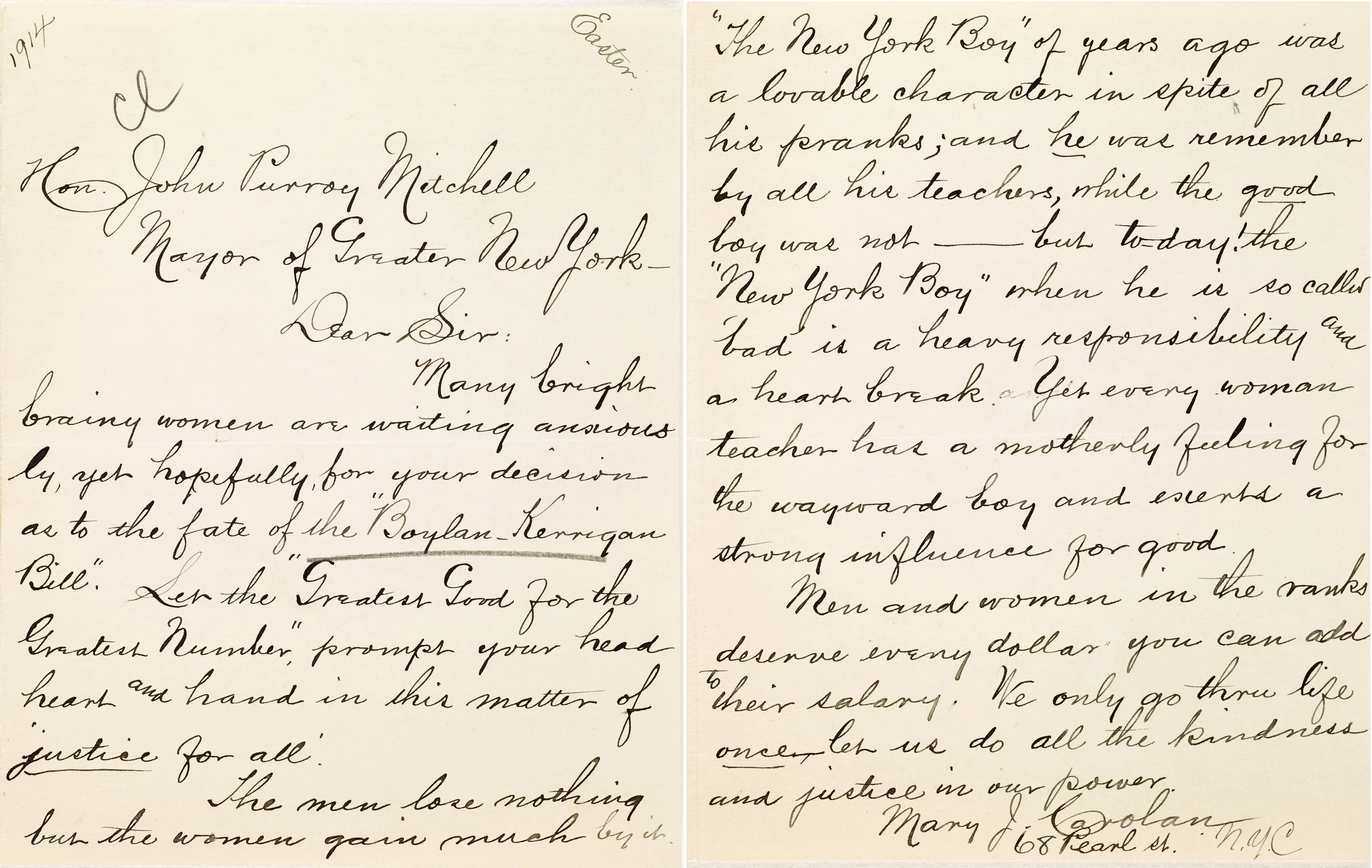 Letters from the collections of Mayors Seth Low, McClellan, and William Gaynor illustrate the debate around equal pay.