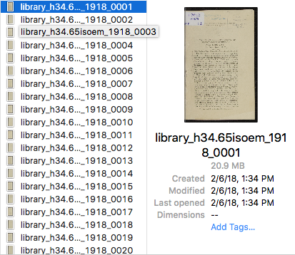 File naming in action. In this instance, the filenames let us know that the item is from the Municipal Library, its call number, the date it was published, and which page each photo shows.