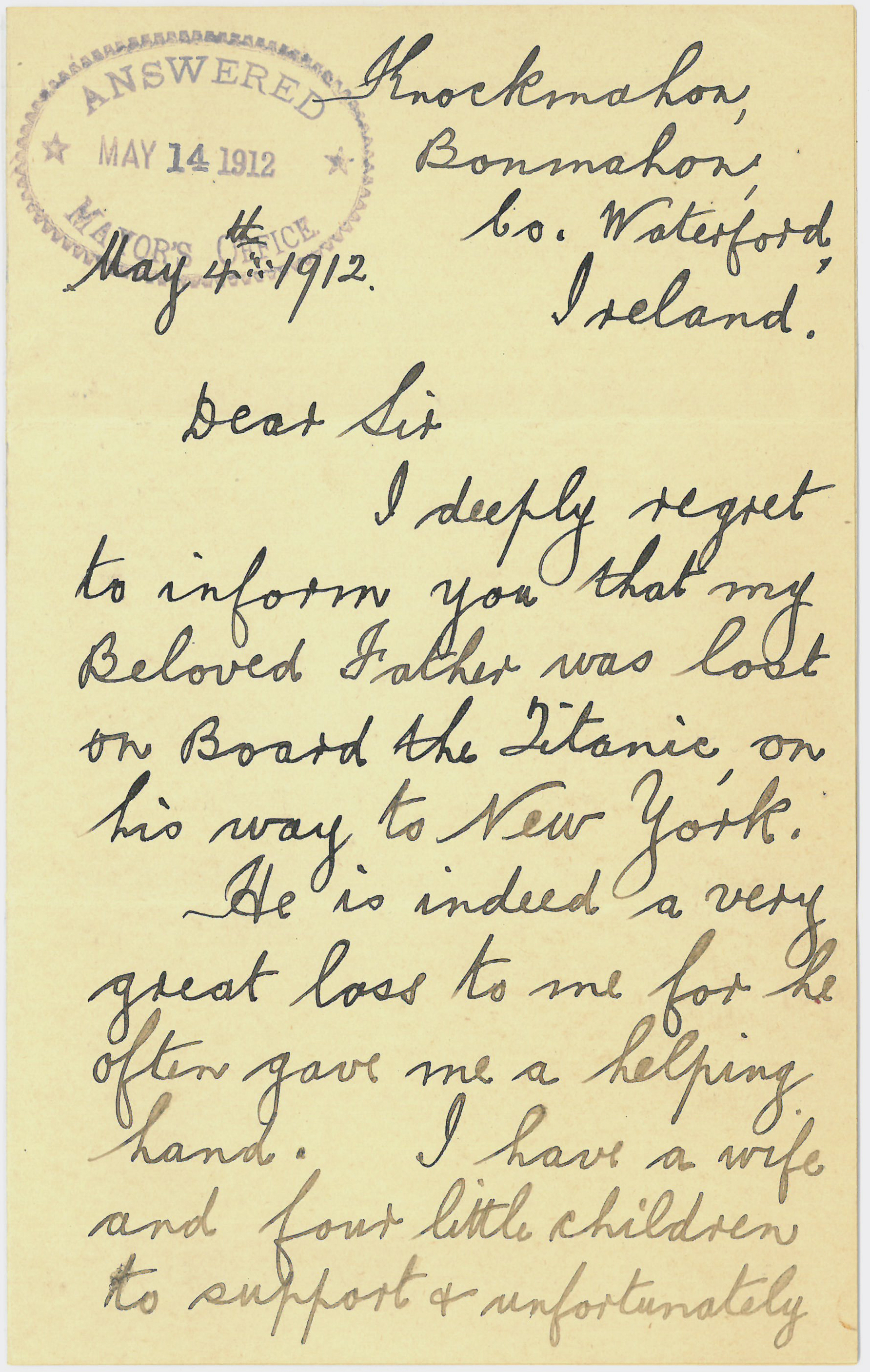 Letter asking for support from the Titanic relief fund, May 4, 1912. Mayor William J. Gaynor Subject Files-Titanic Disaster Relief fund-Aid Requests, roll 10, NYC Municipal Archives.