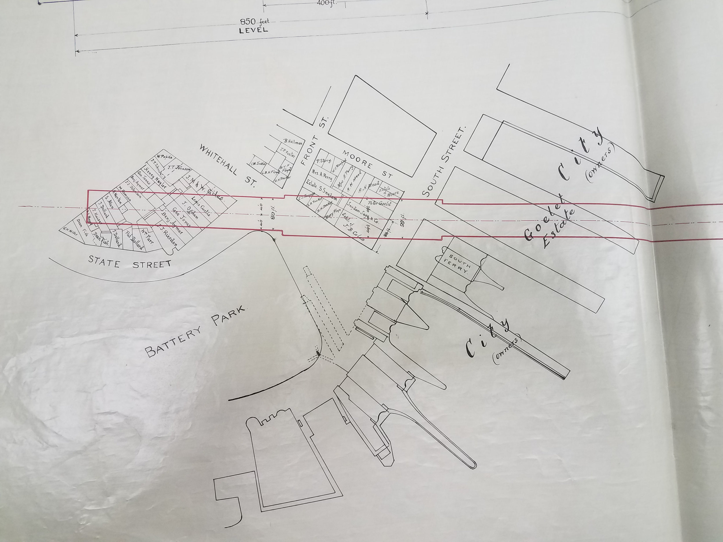 Map of the Manhattan-side of proposed East River Tunnel, Metropolitan Underground Railway Company, 1891. City Register collection, NYC Municipal Archives.