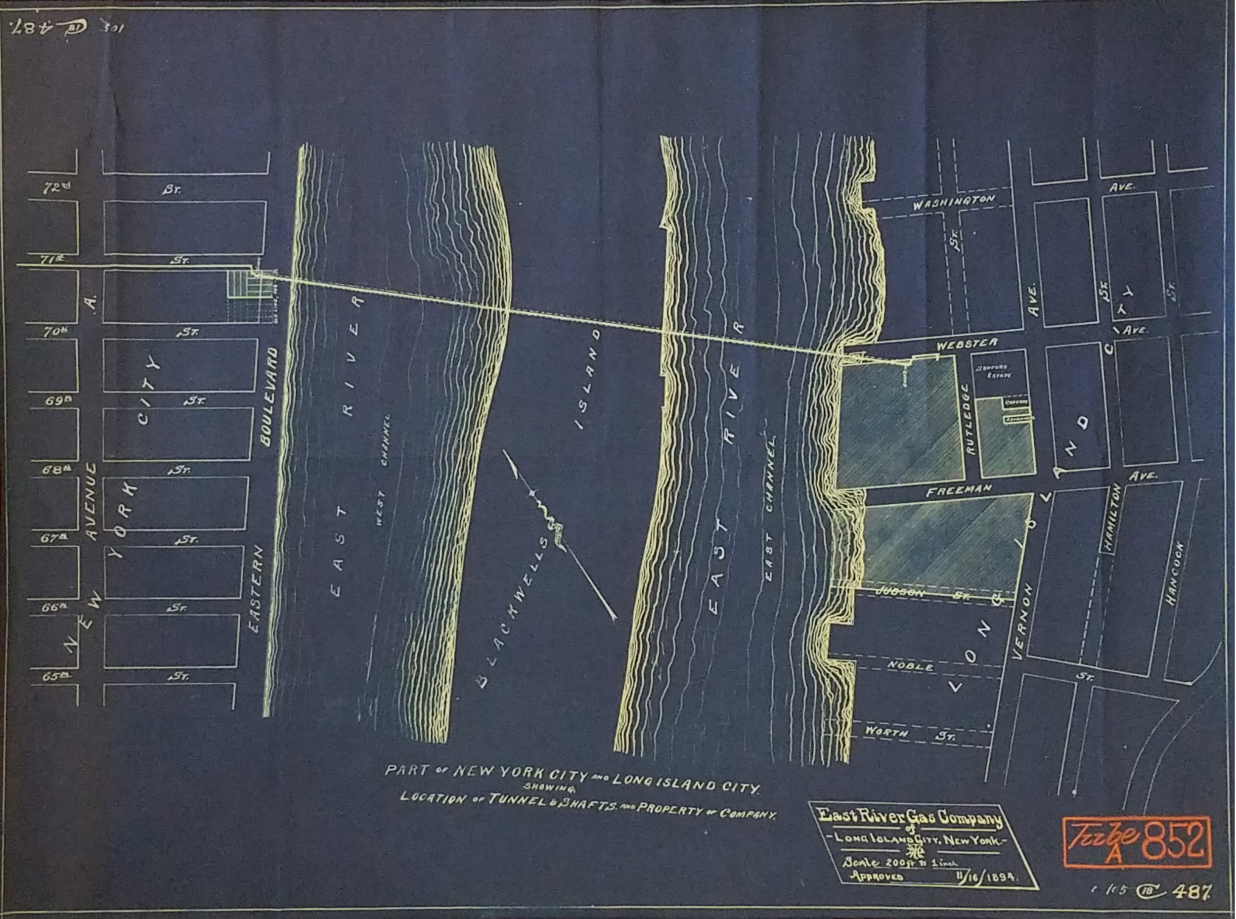 Part of New York City and Long Island City Showing Location of Tunnel and Shafts and Property of East River Gas Company, 1894. Ports and Trade collection, NYC Municipal Archives.