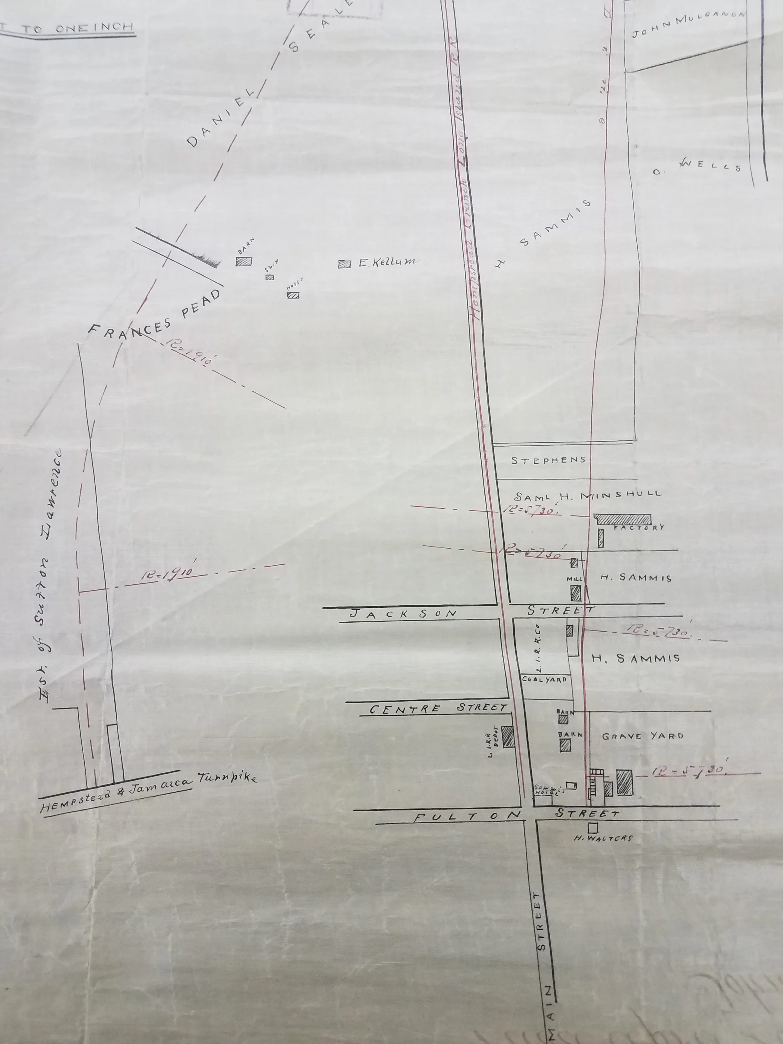 Map of Branch of the Central R.R. of L.I. Leading from Garden City to the Village of Hempstead, 1872. City Register collection, NYC Municipal Archives. The graveyard noted in the bottom-right is now in the vicinity of Denton Green Park, Hempstead.