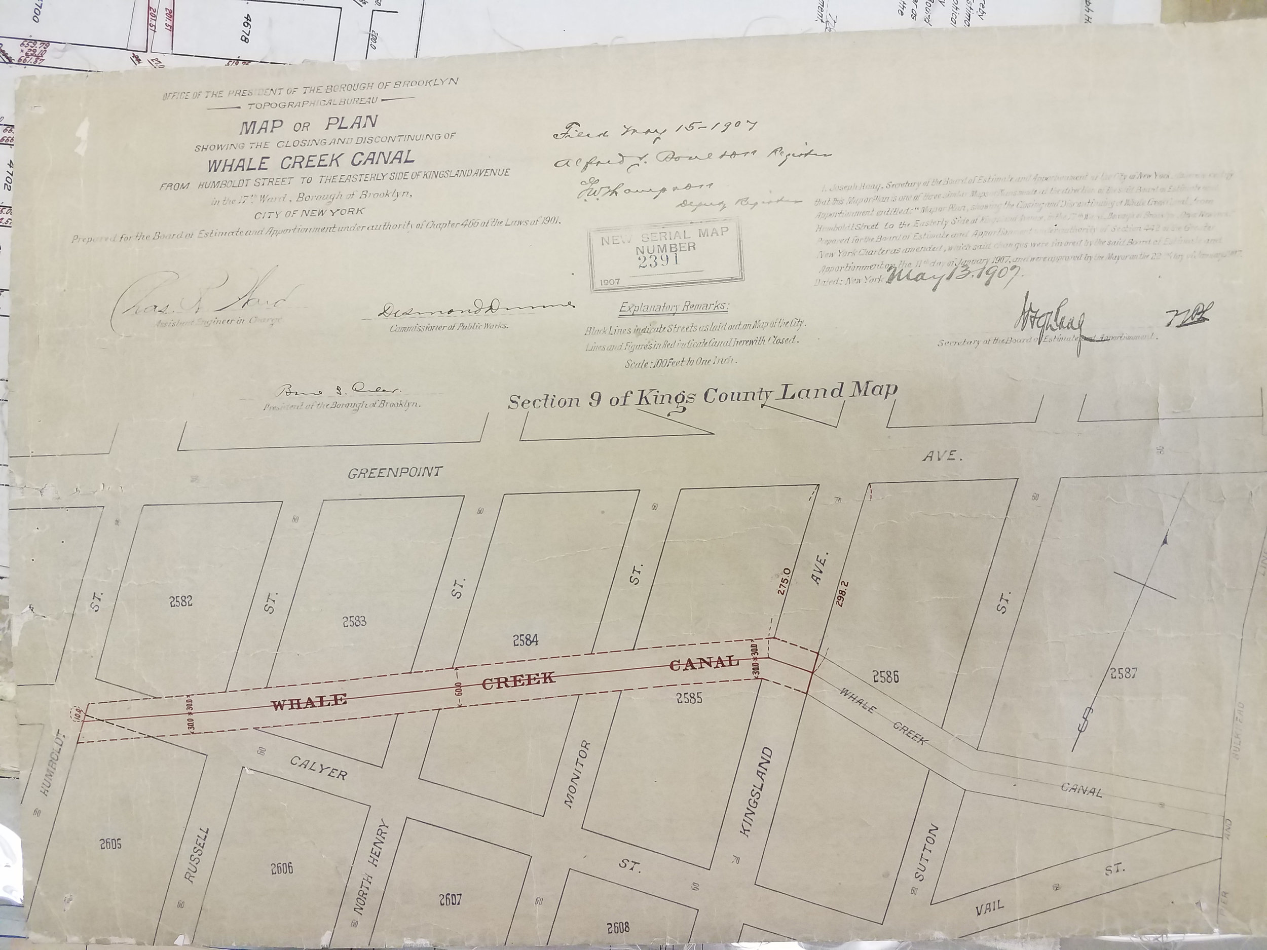 Map or Plan Showing the Closing and Discontinuing of Whale Creek Canal From Humboldt Street to the Easterly Side of Kingsland Avenue, 1907. City Register collection, NYC Municipal Archives.
