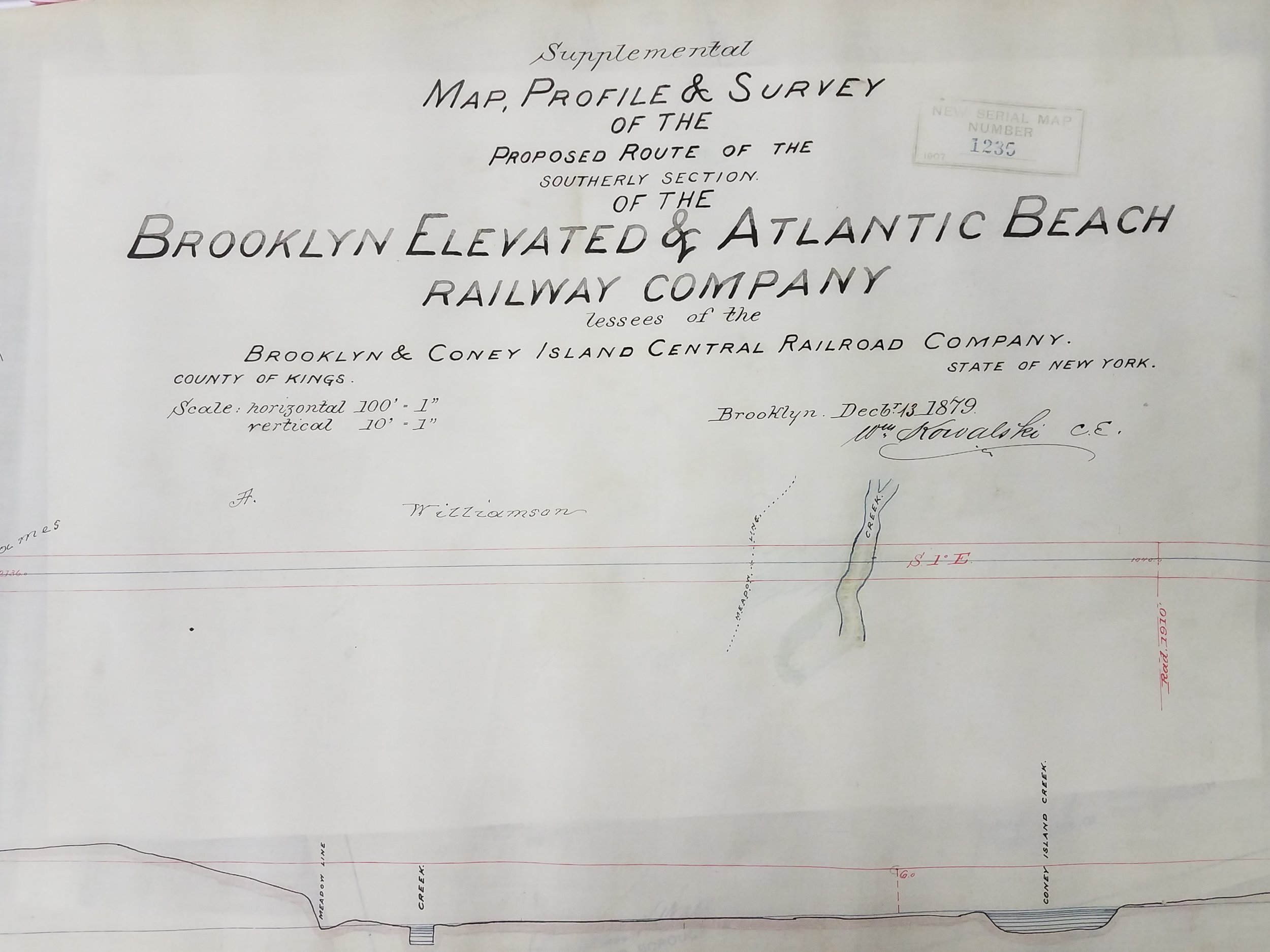 Supplemental Map, Profile and Survey of the Proposed Route of the Southerly Section of the Brooklyn Elevated and Atlantic Beach Railway Company, 1879. City Register collection, NYC Municipal Archives.