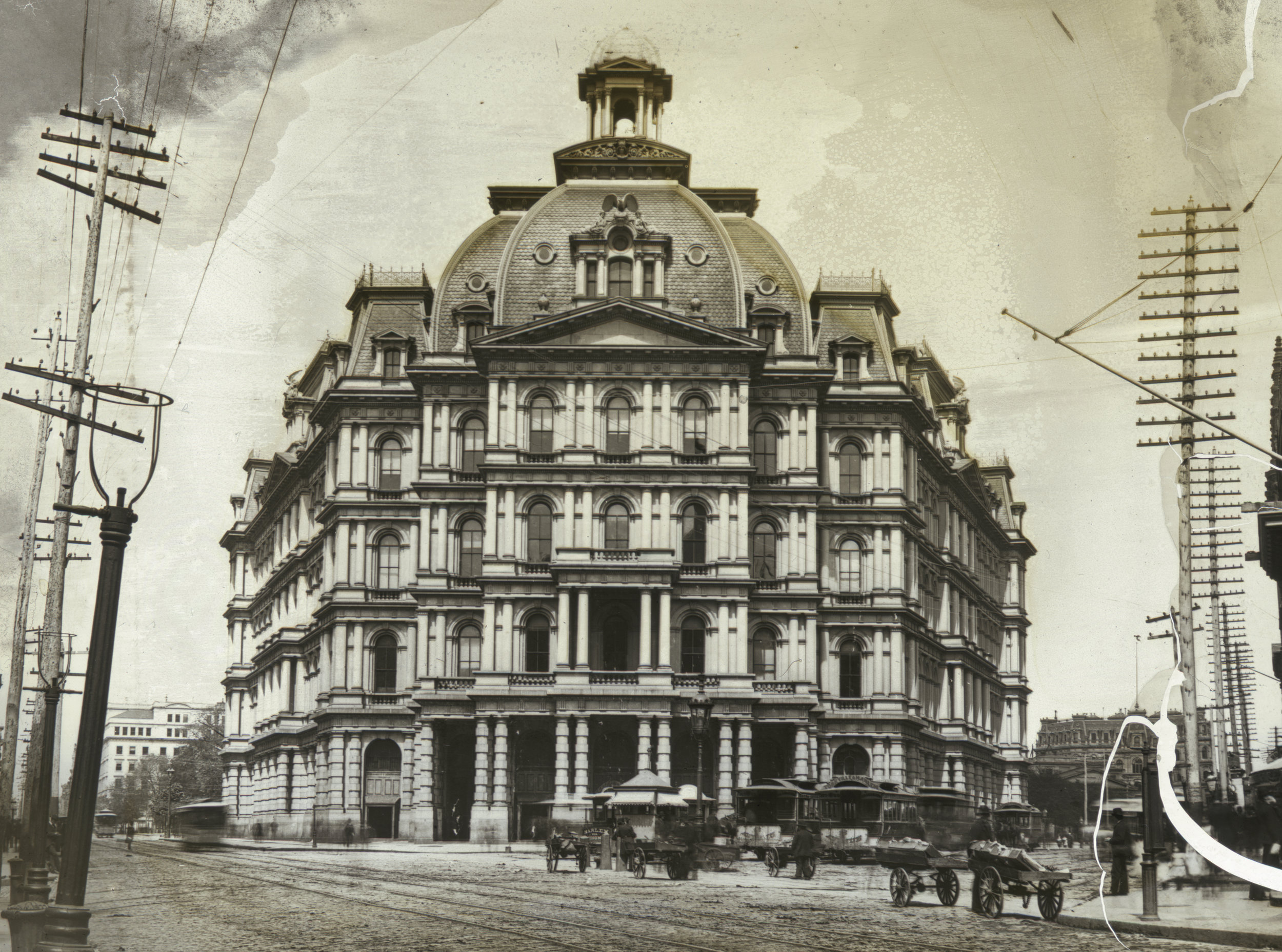 deg_42: Yorkville and Harlem stages in front of City Hall Post Office, Broadway and Park Row, ca. 1880. Photo by A. Simpson, DeGregario Collection, NYC Municipal Archives.