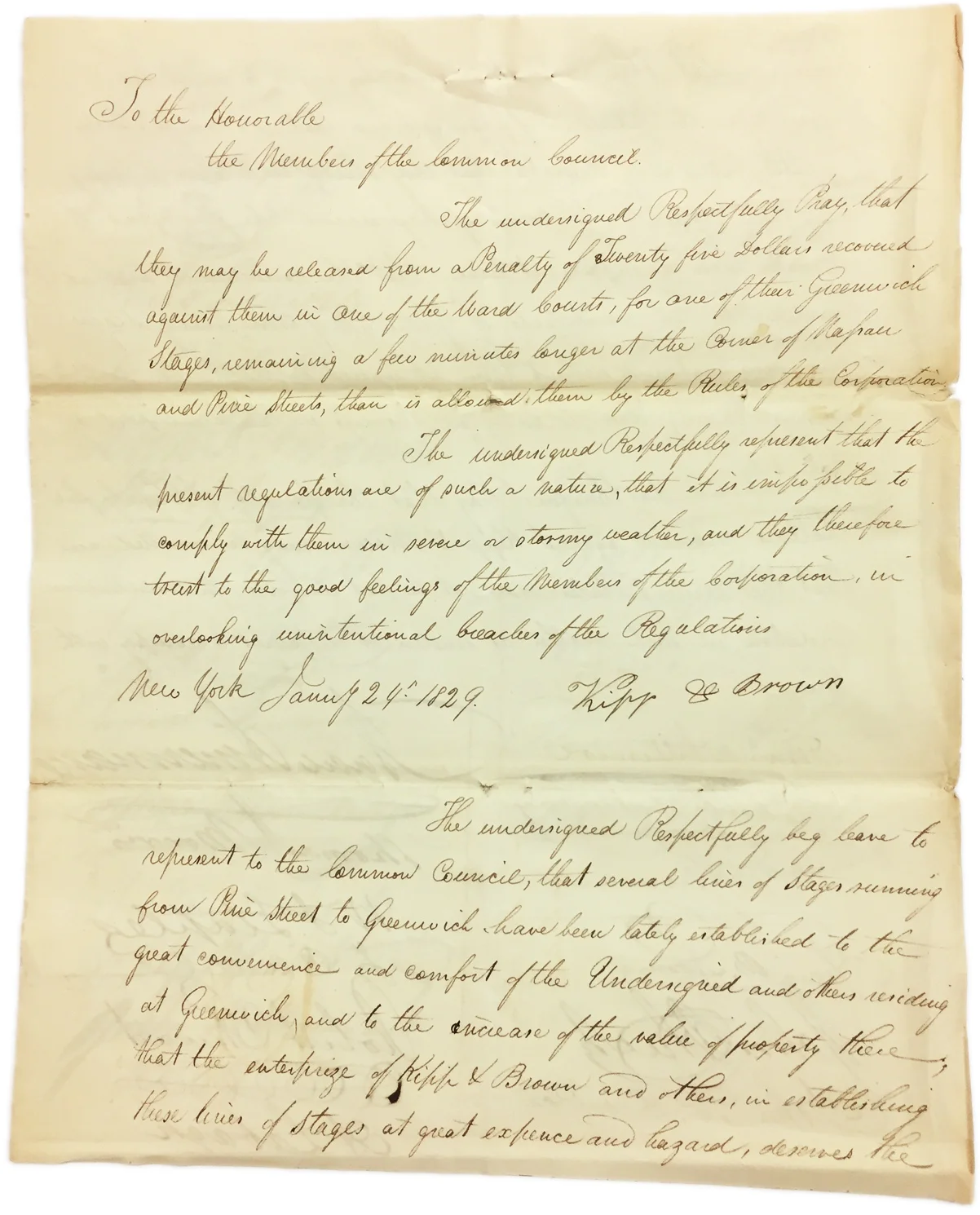 Petition of Kip & Brown, January 24, 1829, Common Council Papers, NYC Municipal Archives.