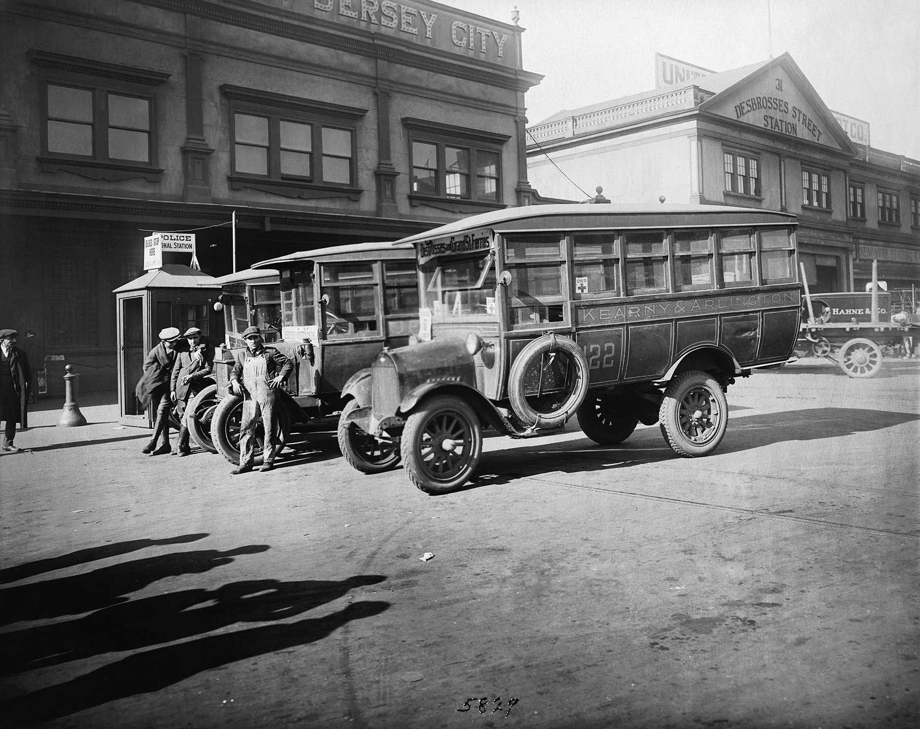 bps_05829: Stage Line, Desbrosses Street Ferry, general view of stages waiting, November 6, 1919. Photo by Eugene de Salignac, Bridges, Plants and Structures Collection 1919, NYC Municipal Archives.