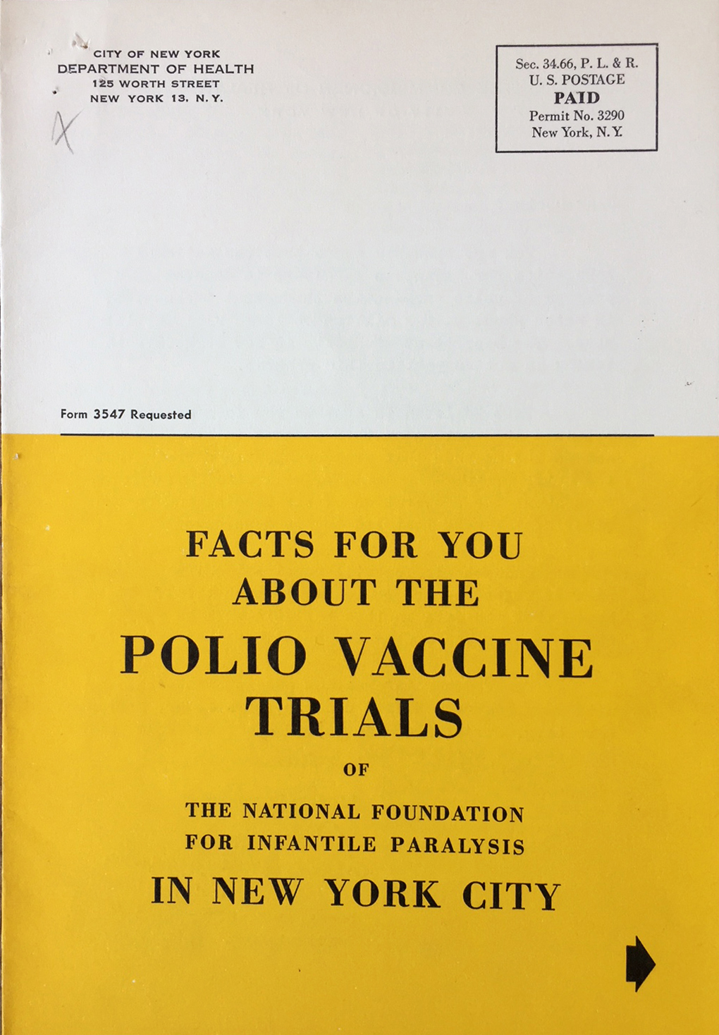 Department of Health mailer from 1954 explaining the vaccine testing. Department of Health Collection, NYC Municipal Archives.