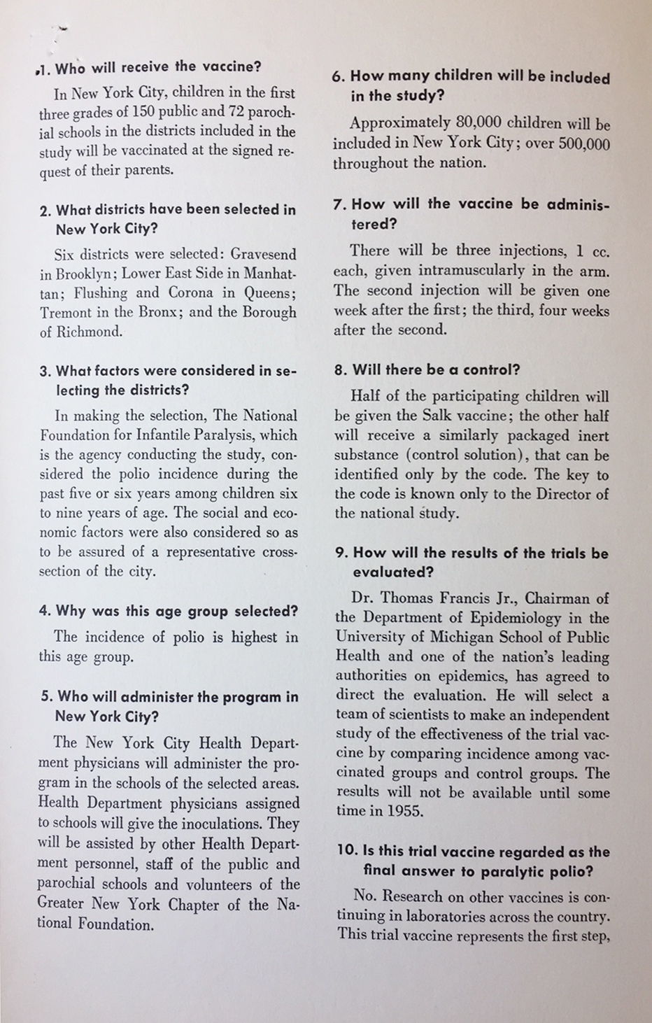 Department of Health mailer from 1954 explaining the vaccine testing. Department of Health Collection, NYC Municipal Archives.