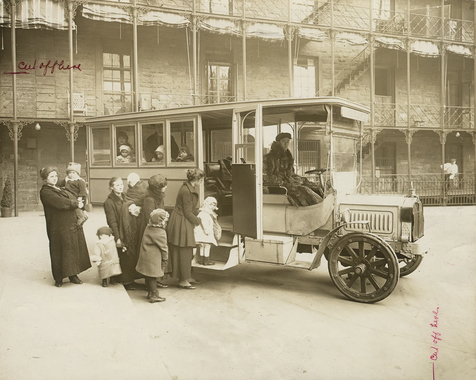 Mothers and small "Polio Children" board bus, Bellevue Hospital, ca. 1916. Department of Public Charities Collection, NYC Municipal Archives.