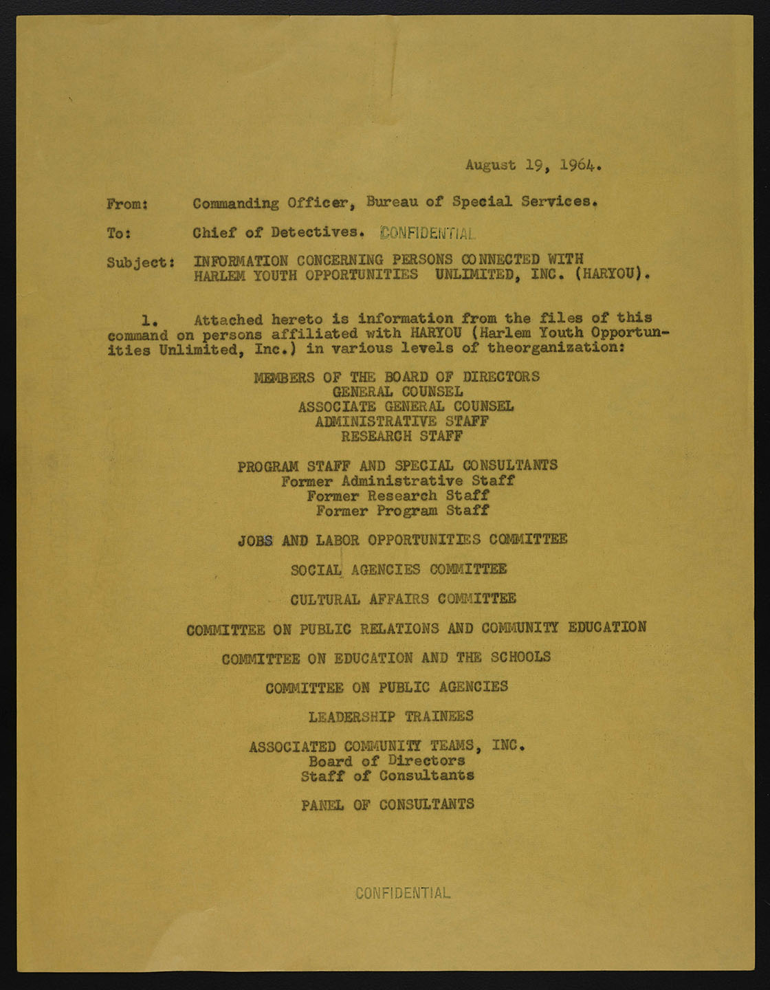 Letter from commanding officer of BOSS to the Chief of Detectives on members of HARYOU. NYPD Intelligence Division Records, NYC Municipal Archives.