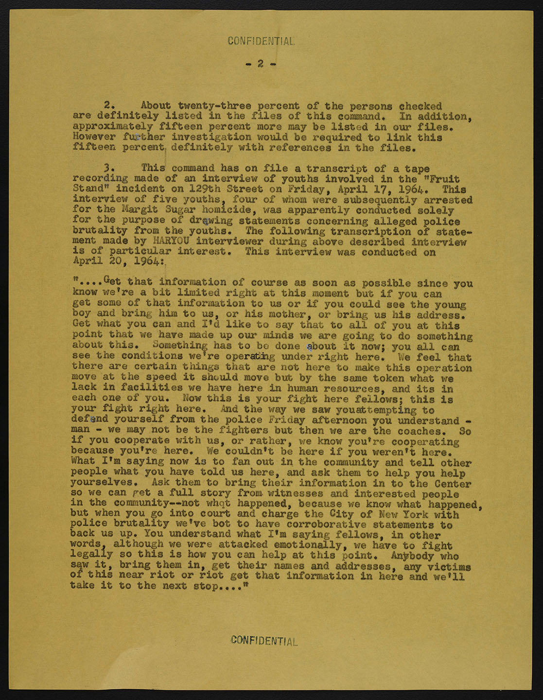 Letter from commanding officer of BOSS to the Chief of Detectives on members of HARYOU. NYPD Intelligence Division Records, NYC Municipal Archives.