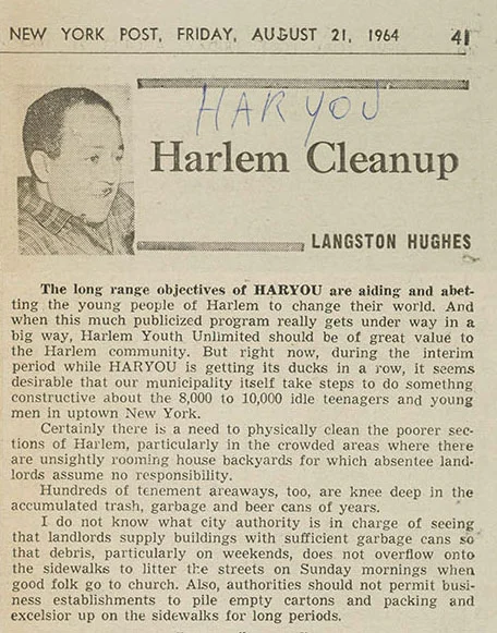 Langston Hughes column in the New York Post discussing the virtues of HARYOU, collected by the NYPD Intelligence Division. At the time, the Post was a liberal newspaper. NYPD Intelligence Division Records, NYC Municipal Archives.
