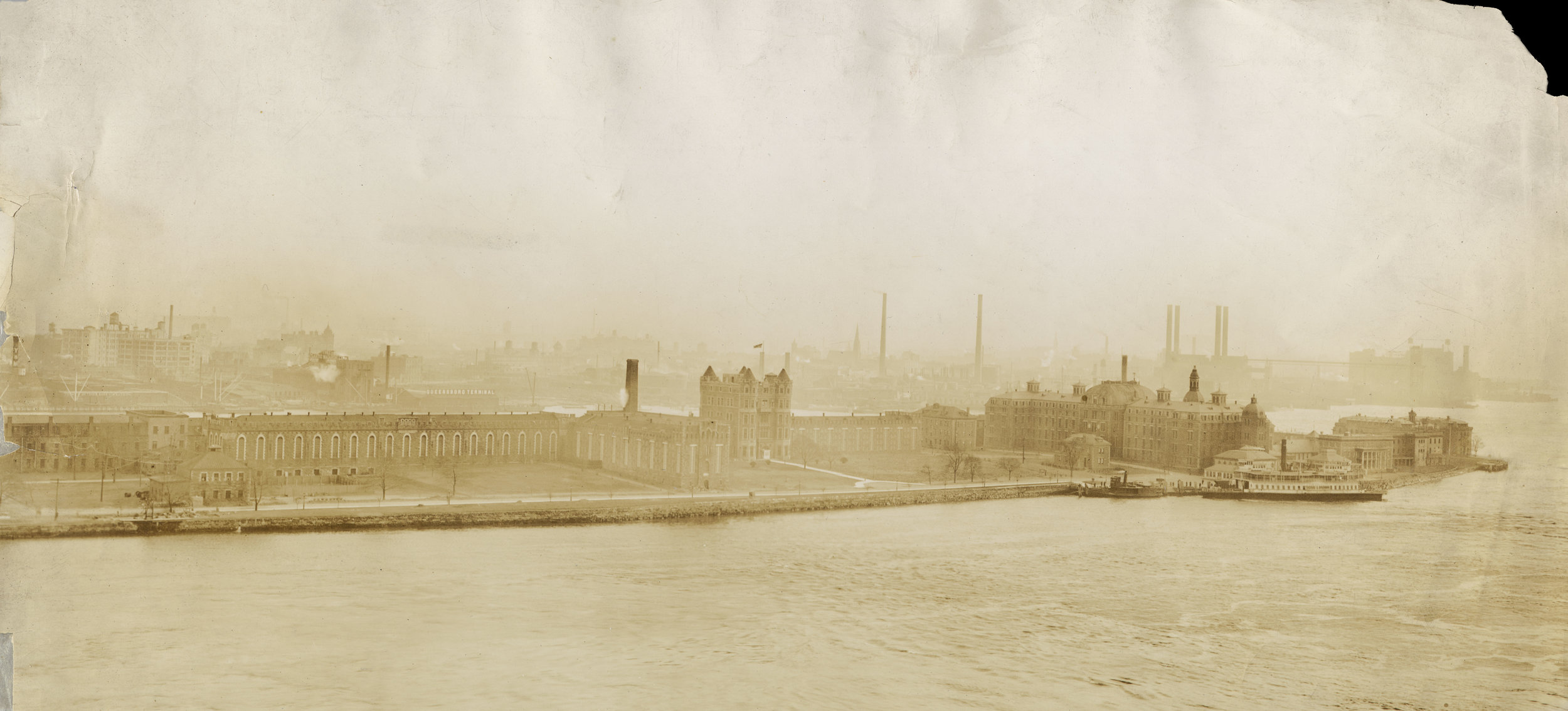 Blackwell’s Island looking southeast: Penitentiary, Charity Hospital with Superintendent's cottage, Smallpox Hospital, Reception Pavilion, ca. 1900. Department of Public Charities Collection, NYC Municipal Archives.