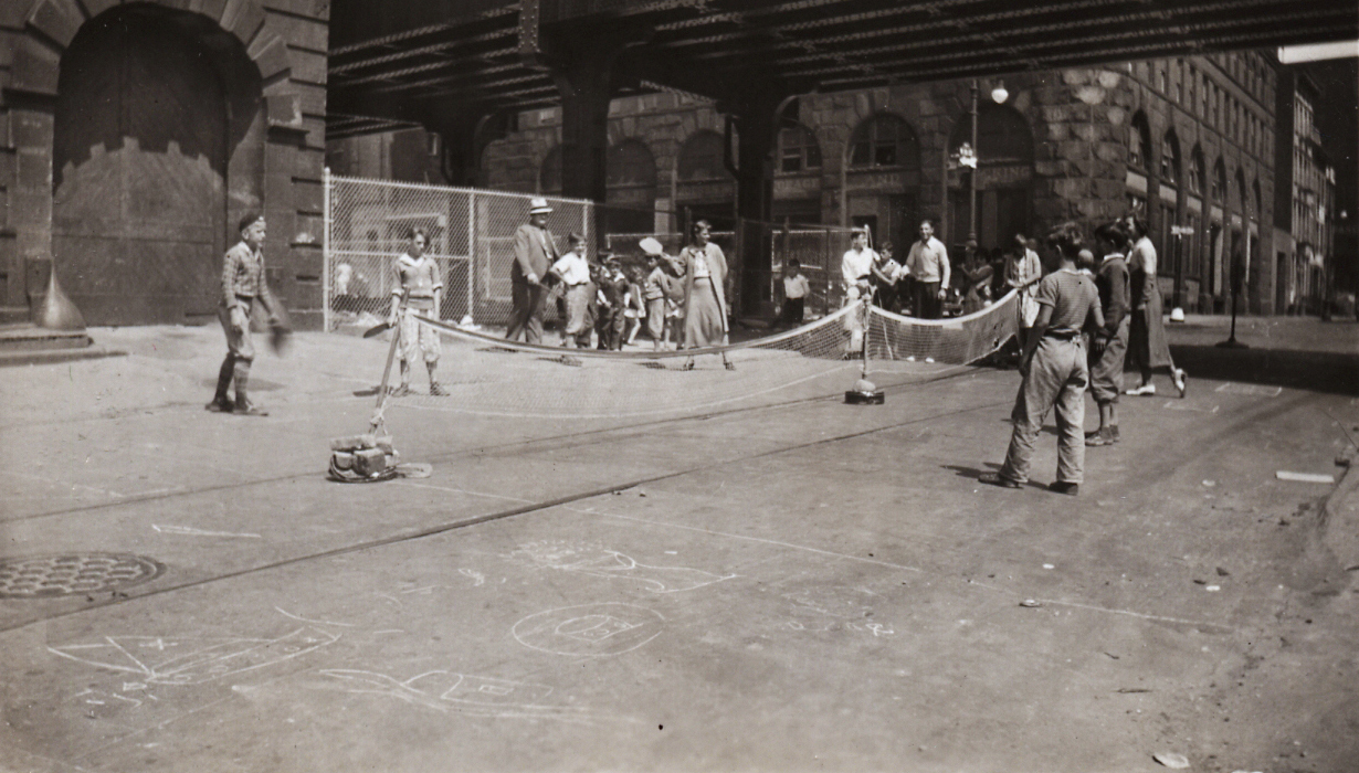 Paddle tennis games on a play street, ca. 1935. NYC Municipal Archives Collection.