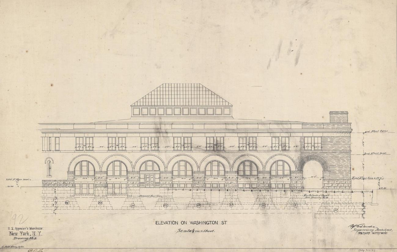 US Appraiser’s warehouse, Elevation on Washington Street, 1892. Willoughby J. Edbrooke, Architect. Department of Buildings Collection, NYC Municipal Archives.