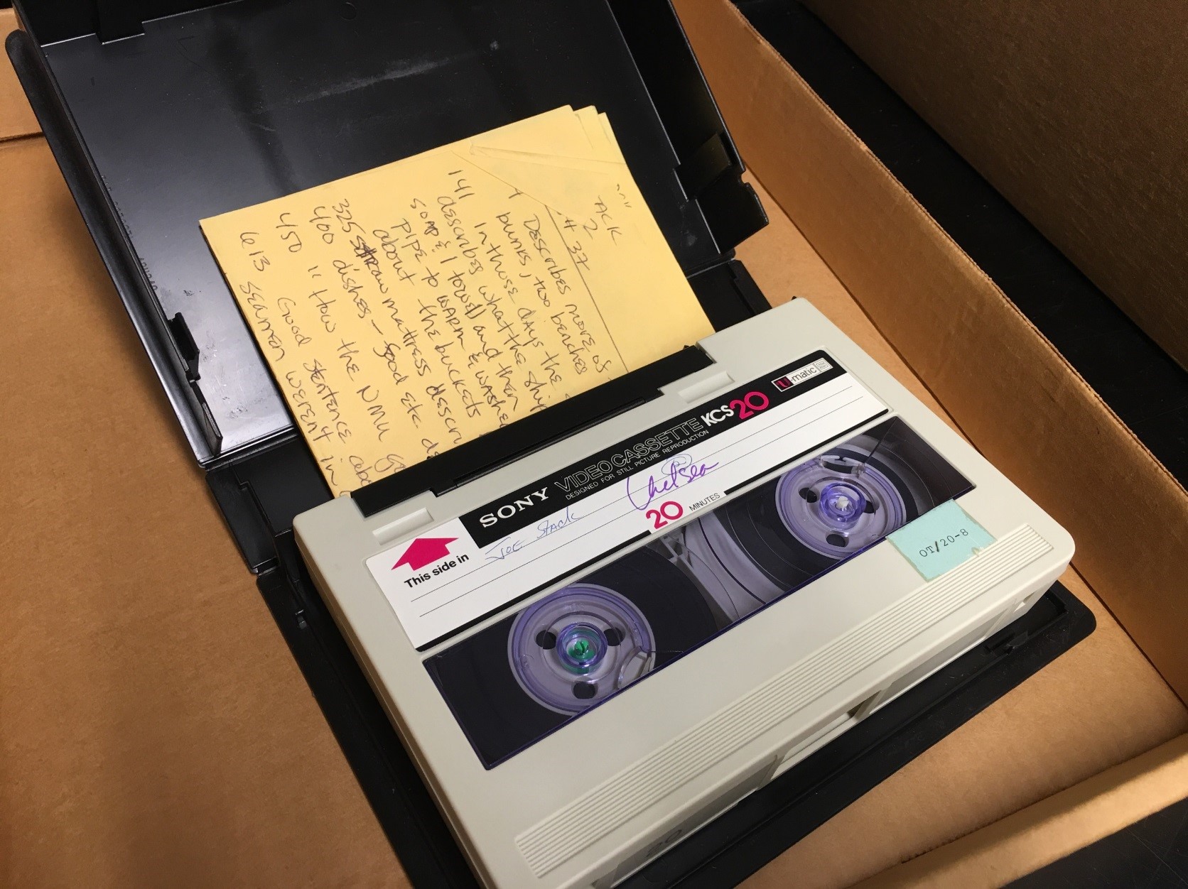 A ¾” U-matic tape about to be digitized.