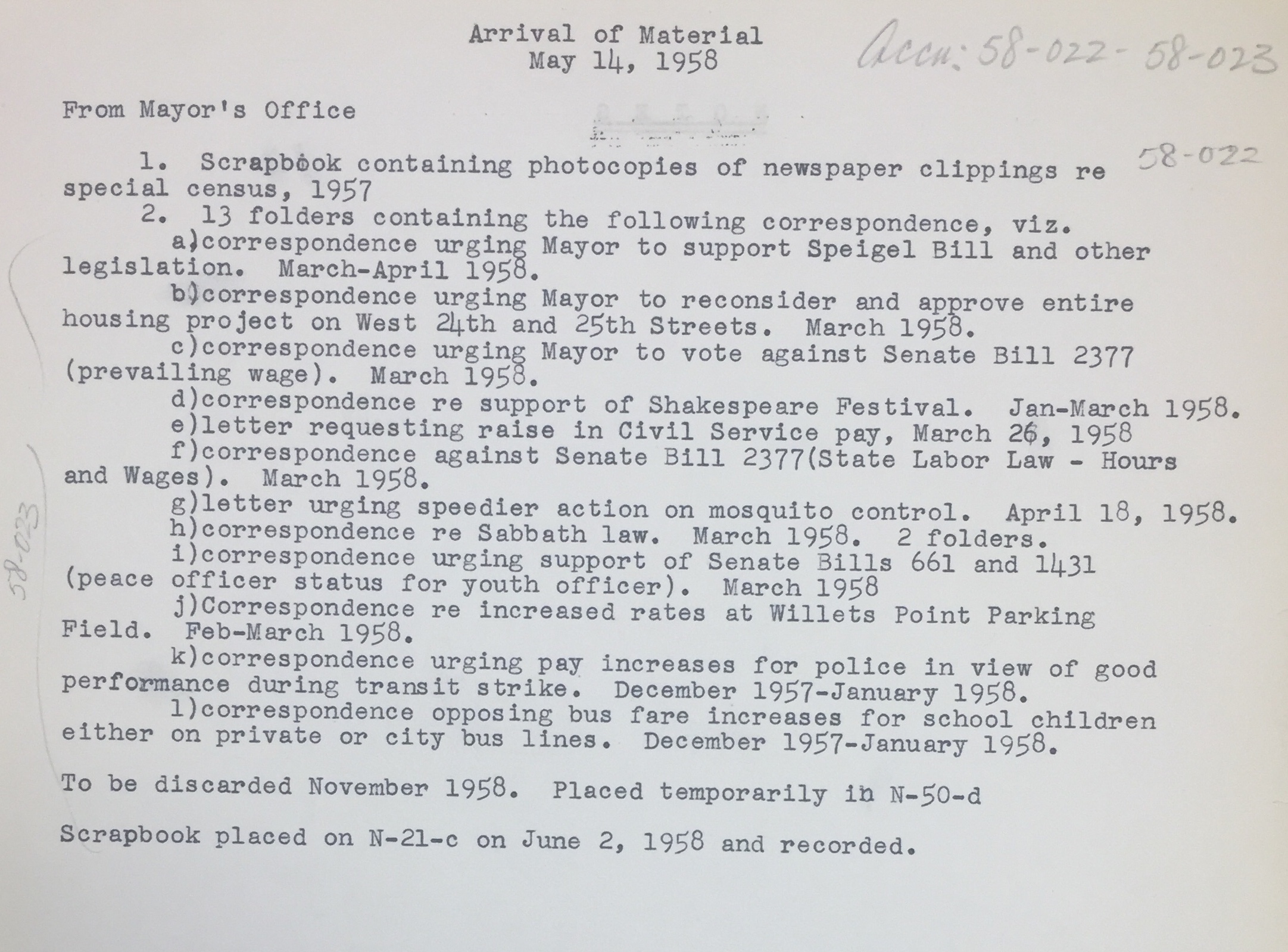 This typed inventory of materials received from the Mayor’s Office on May 14, 1958, provides an example of an intriguing and specific list of correspondence and a scrapbook, but with outdated location information. Considerable time would be spent confirming the existence of and current location of these items.