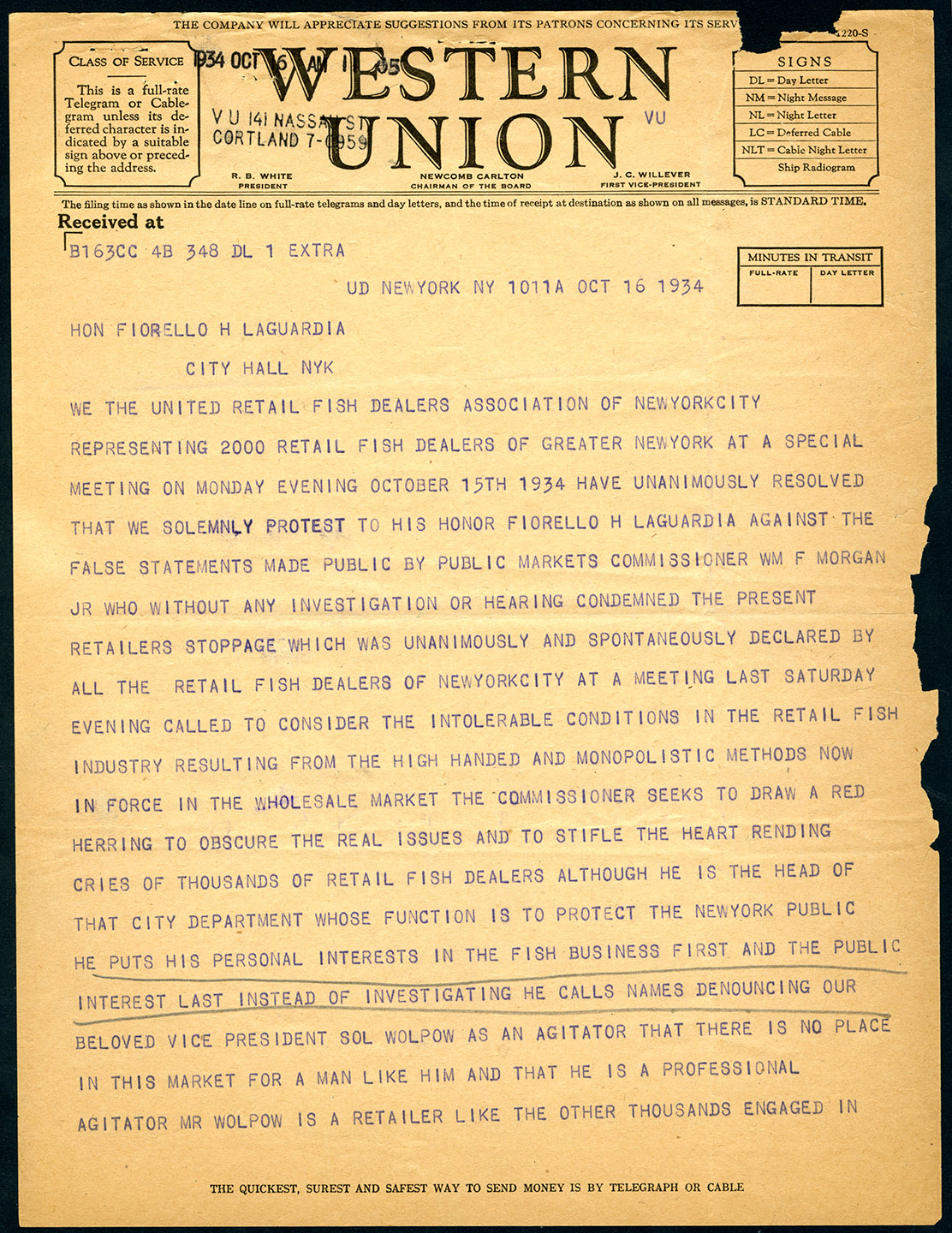 Telegram to Mayor LaGuardia from the United Retail Fish Dealers Assoc. Oct. 16, 1934. Mayor LaGuardia Collection, NYC Municipal Archives.