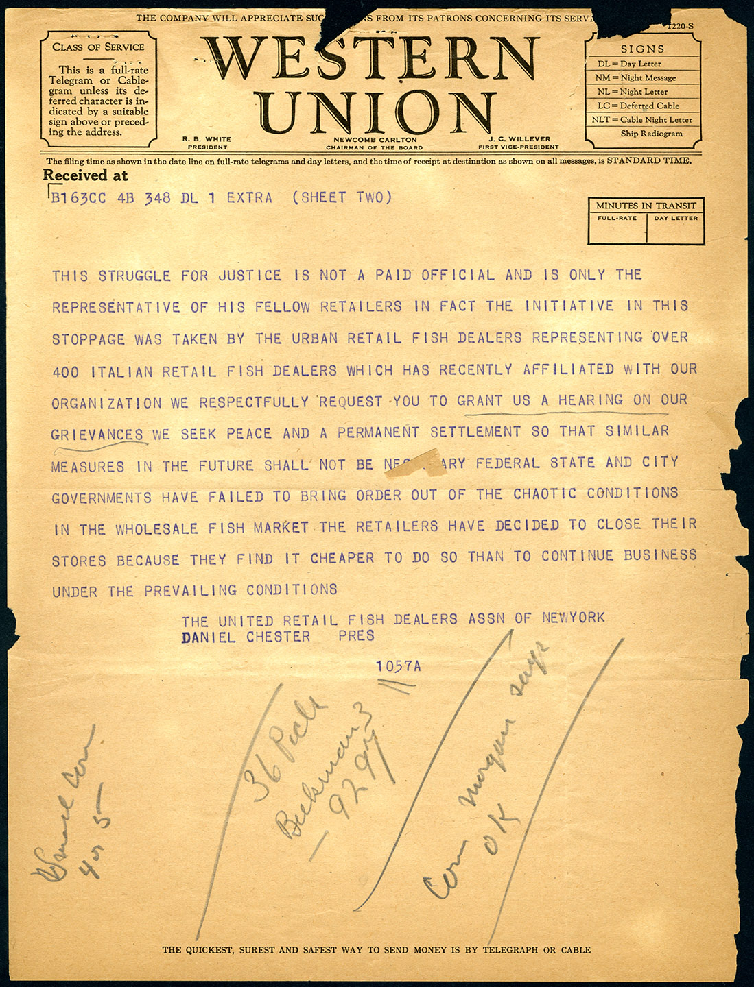 Telegram to Mayor LaGuardia from the United Retail Fish Dealers Assoc. Oct. 16, 1934. Mayor LaGuardia Collection, NYC Municipal Archives.