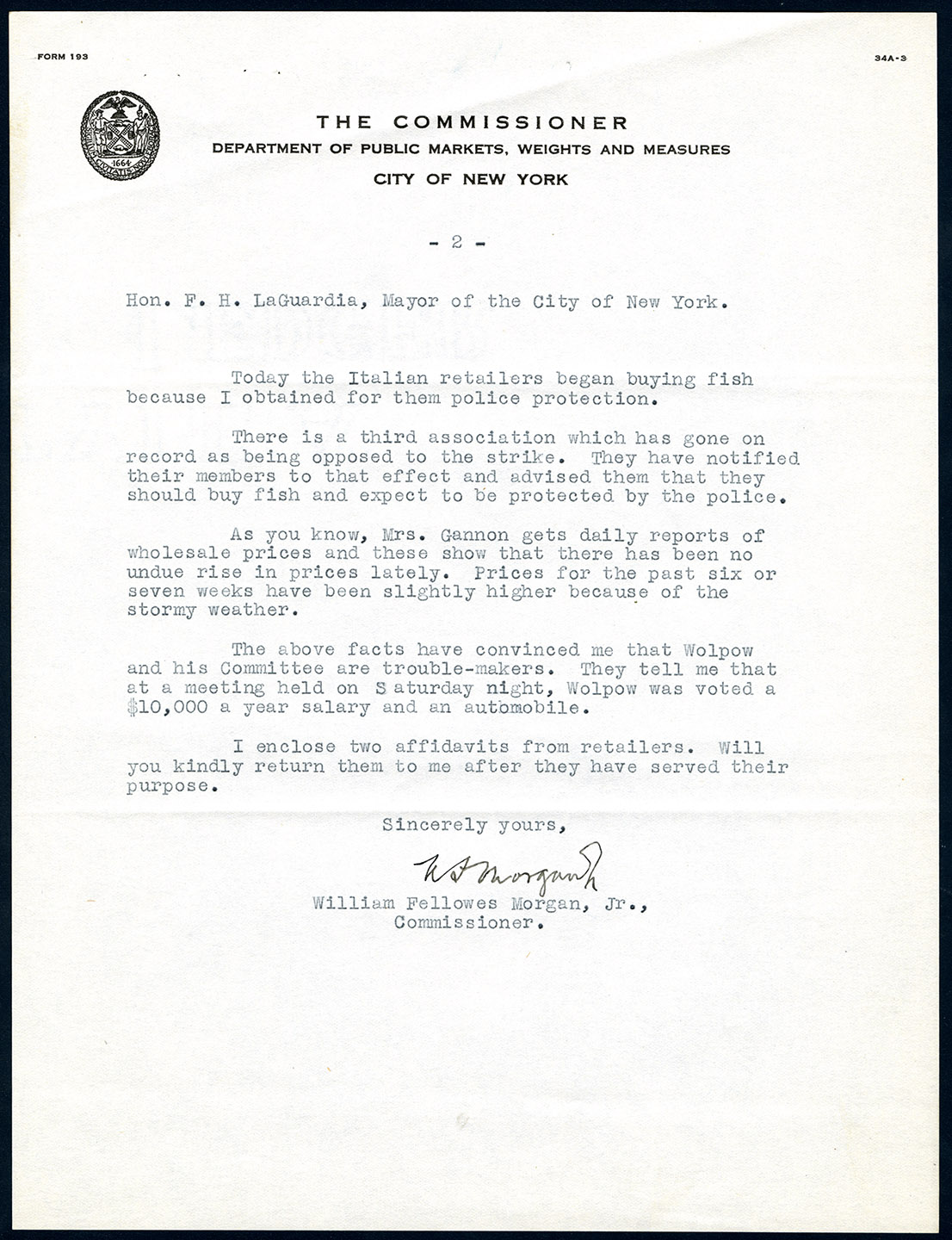 Letter to Mayor LaGuardia from William Fellowes Morgan, Jr., Commissioner of the Department of Public Markets, Weights and Measures, Oct. 16, 1934. Mayor LaGuardia Collection, NYC Municipal Archives.