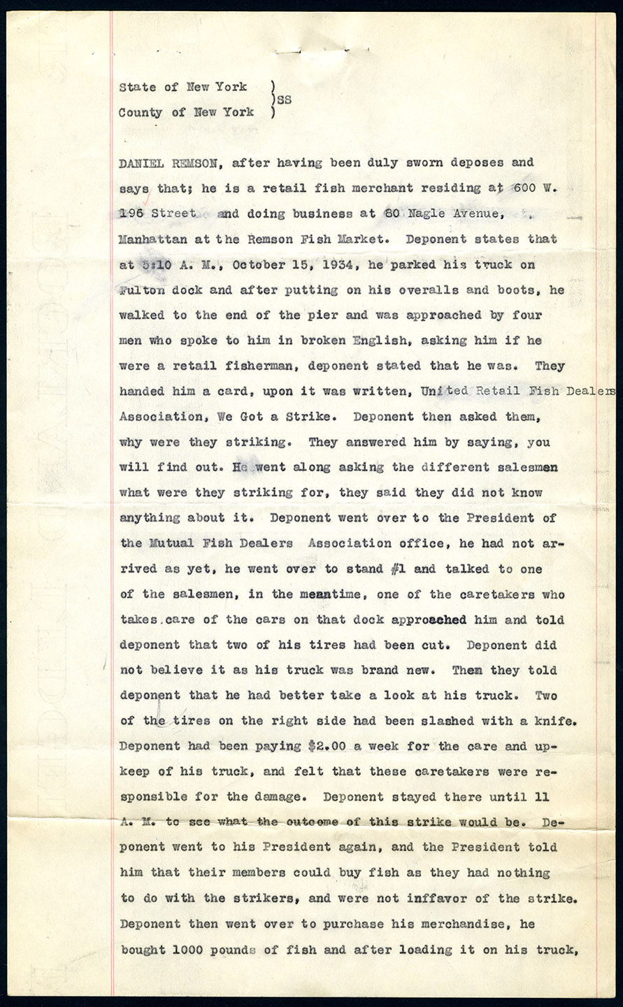 Deposition of Daniel Remson, retail fish merchant. Mayor LaGuardia Collection, NYC Municipal Archives.