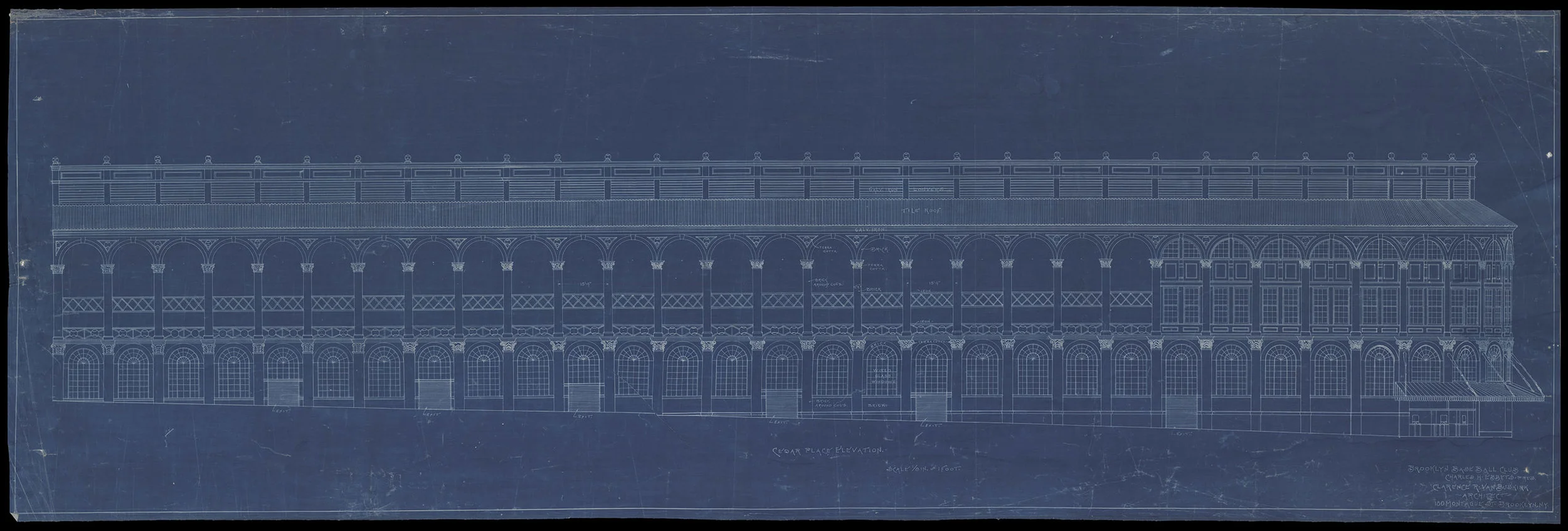 Design blueprint for a stadium for the “Brooklyn Baseball Club, Charles H. Ebbets, Pres.” Clarence R. Van Buskirk, Architect, ca. 1912. NYC Municipal Archives.