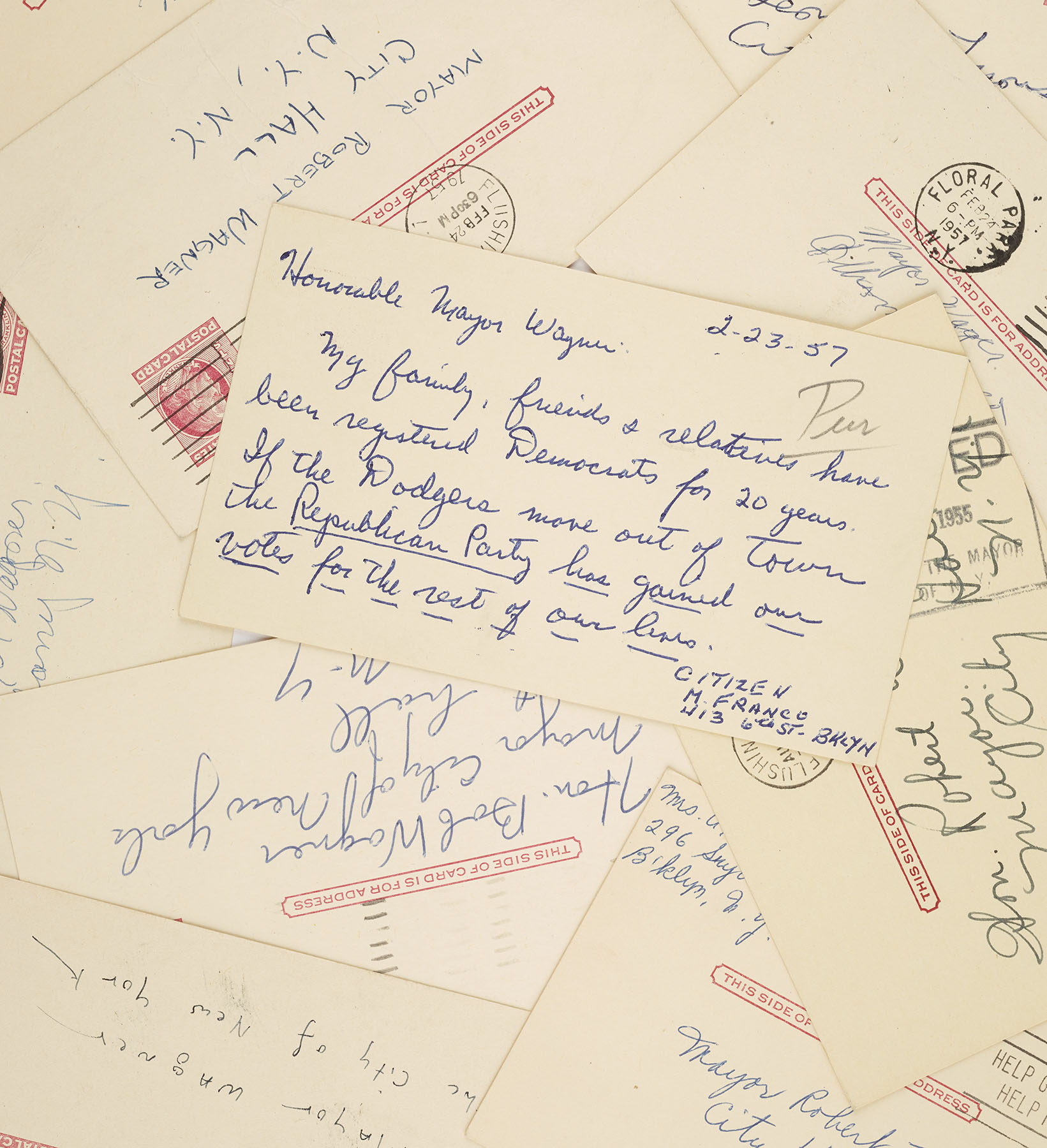 Postcards for and against the Dodgers. Mayor Wagner Papers, NYC Municipal Archives.