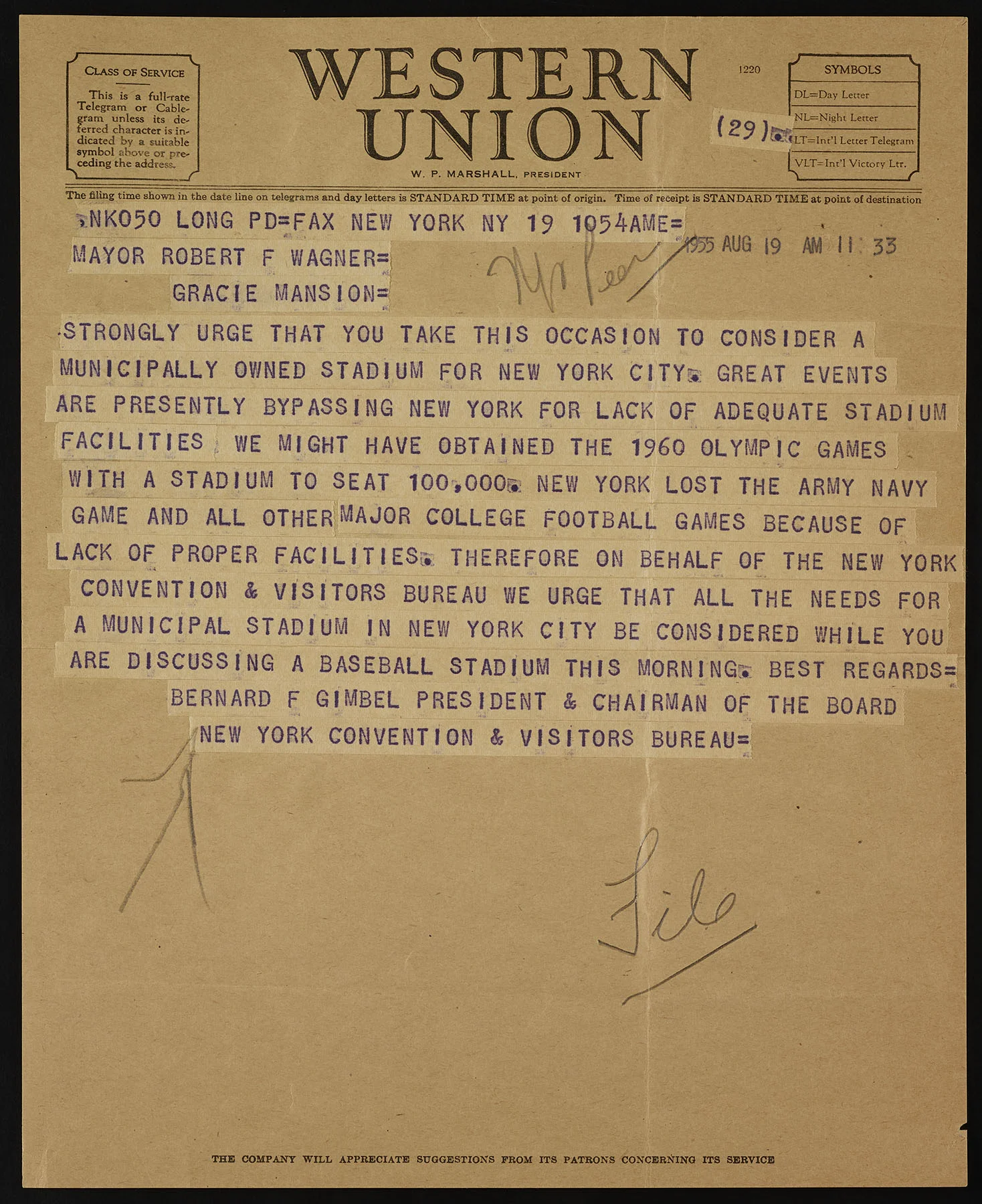 Telegram from Bernard Gimbel to Mayor Wagner in support of a new stadium. Mayor Wagner Papers, NYC Municipal Archives.