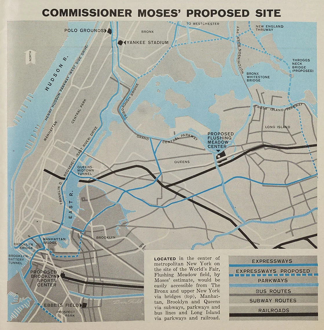 Proposed site of new stadium, published in Sports Illustrated, Mayor Wagner Papers, NYC Municipal Archives.